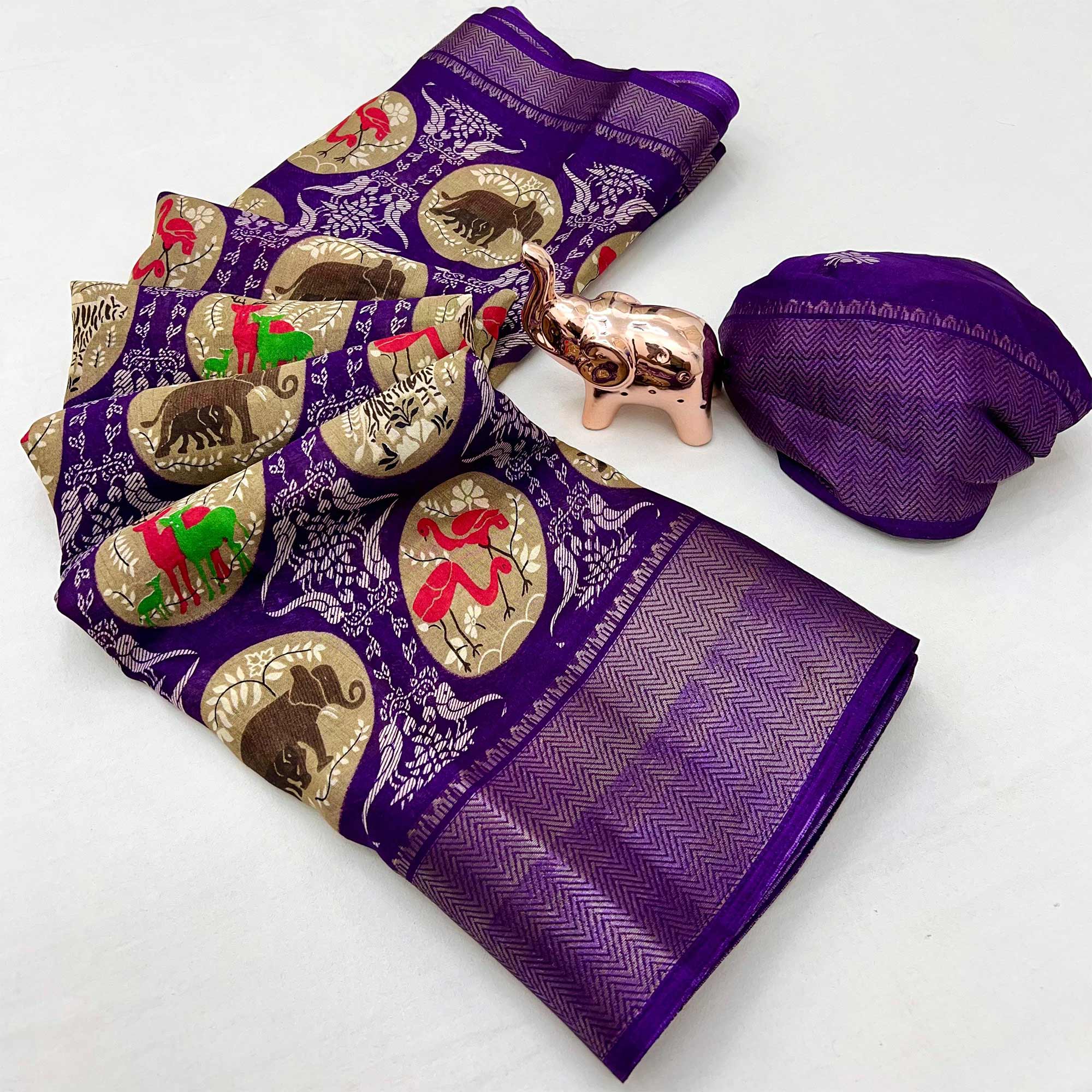 Dark Purple Printed Dola Silk Saree With Zari Woven Border