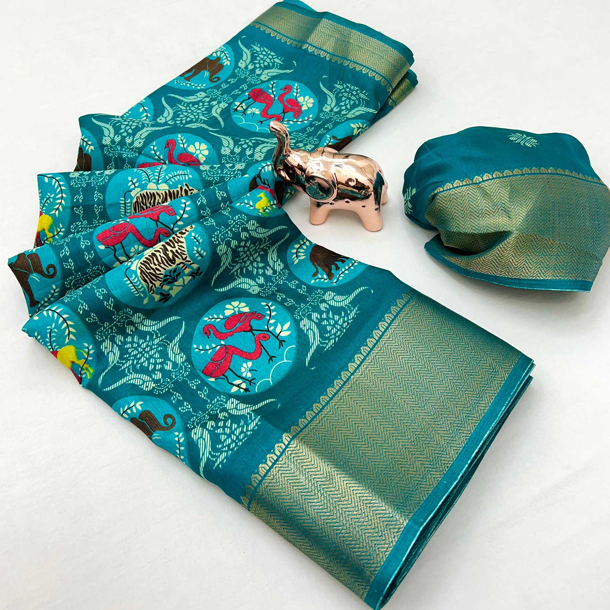 Teal Printed Dola Silk Saree With Zari Woven Border
