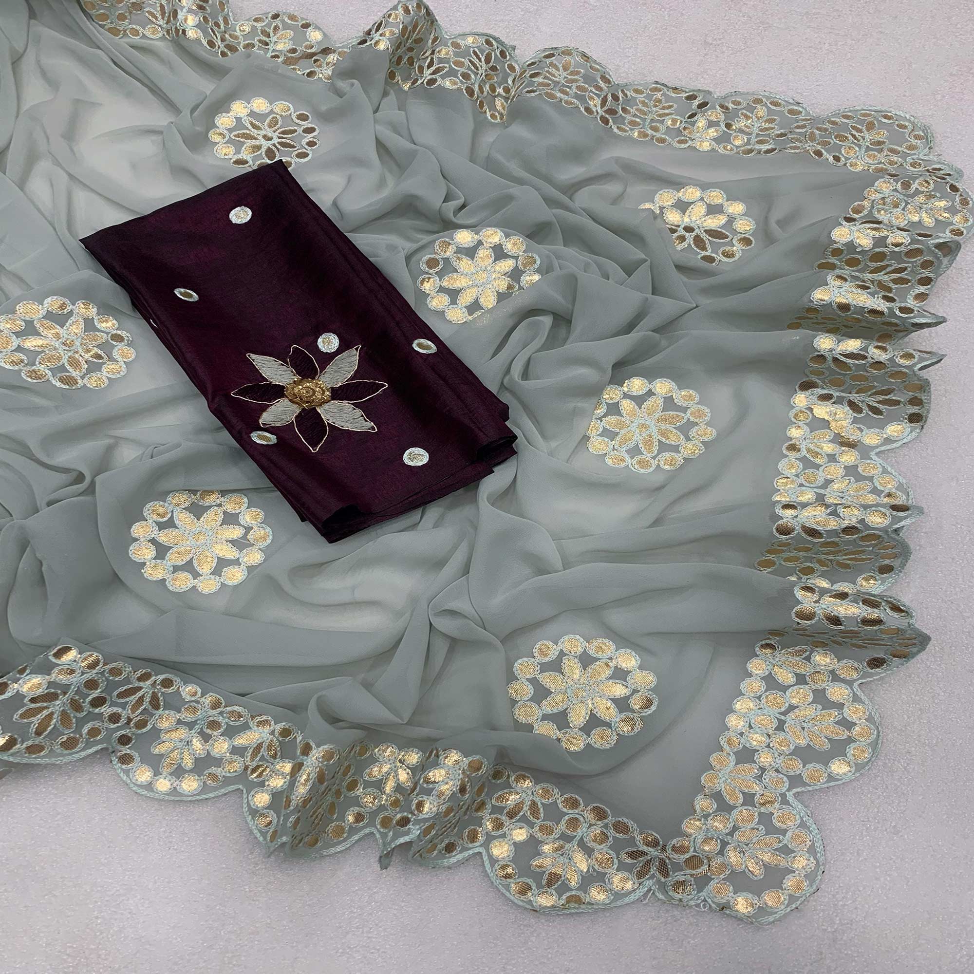 Light Grey Embroidered Georgette Saree With Gota Patti Work