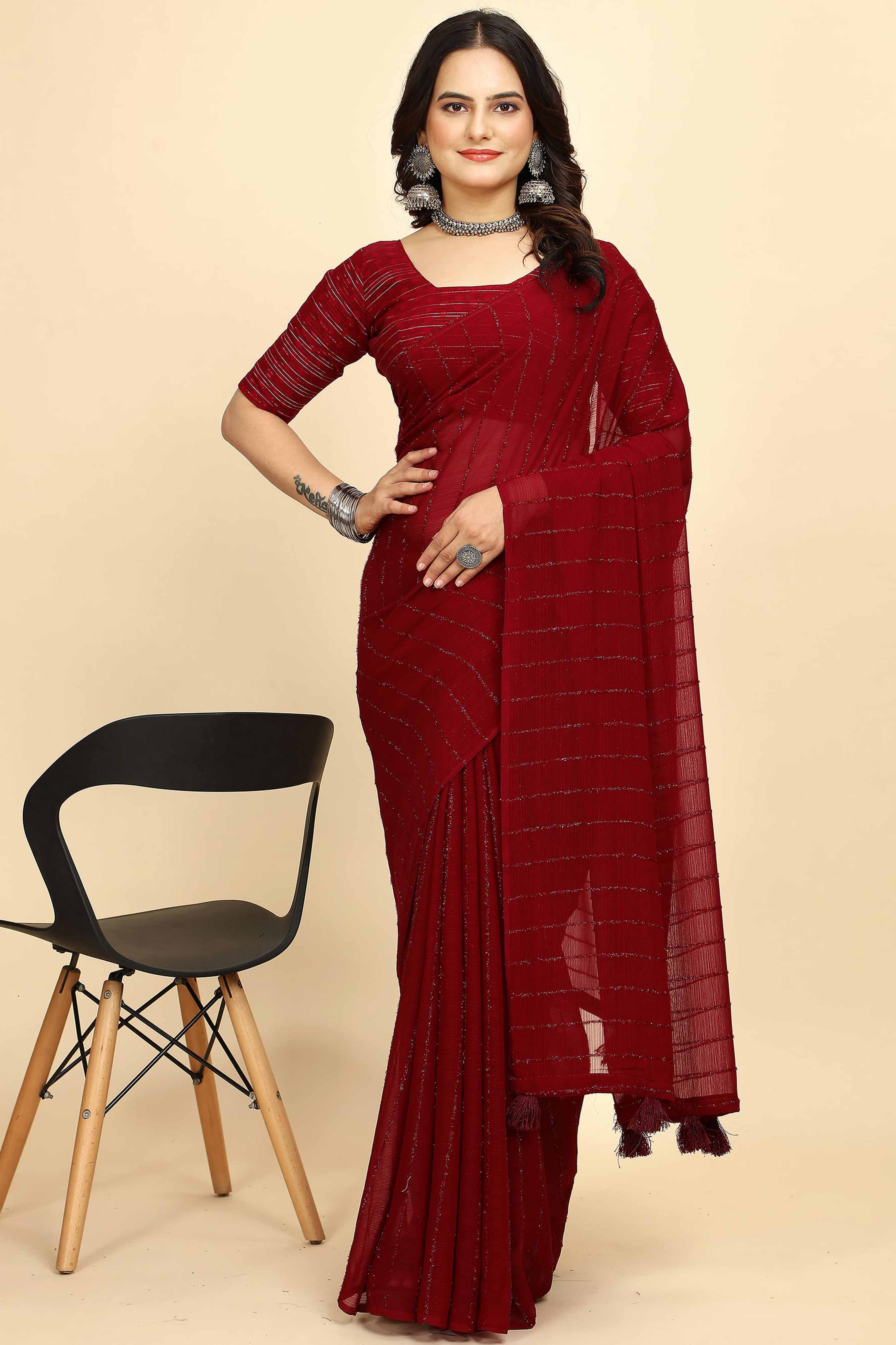 Dark Red Striped Zari Woven Chiffon Saree With Tassels