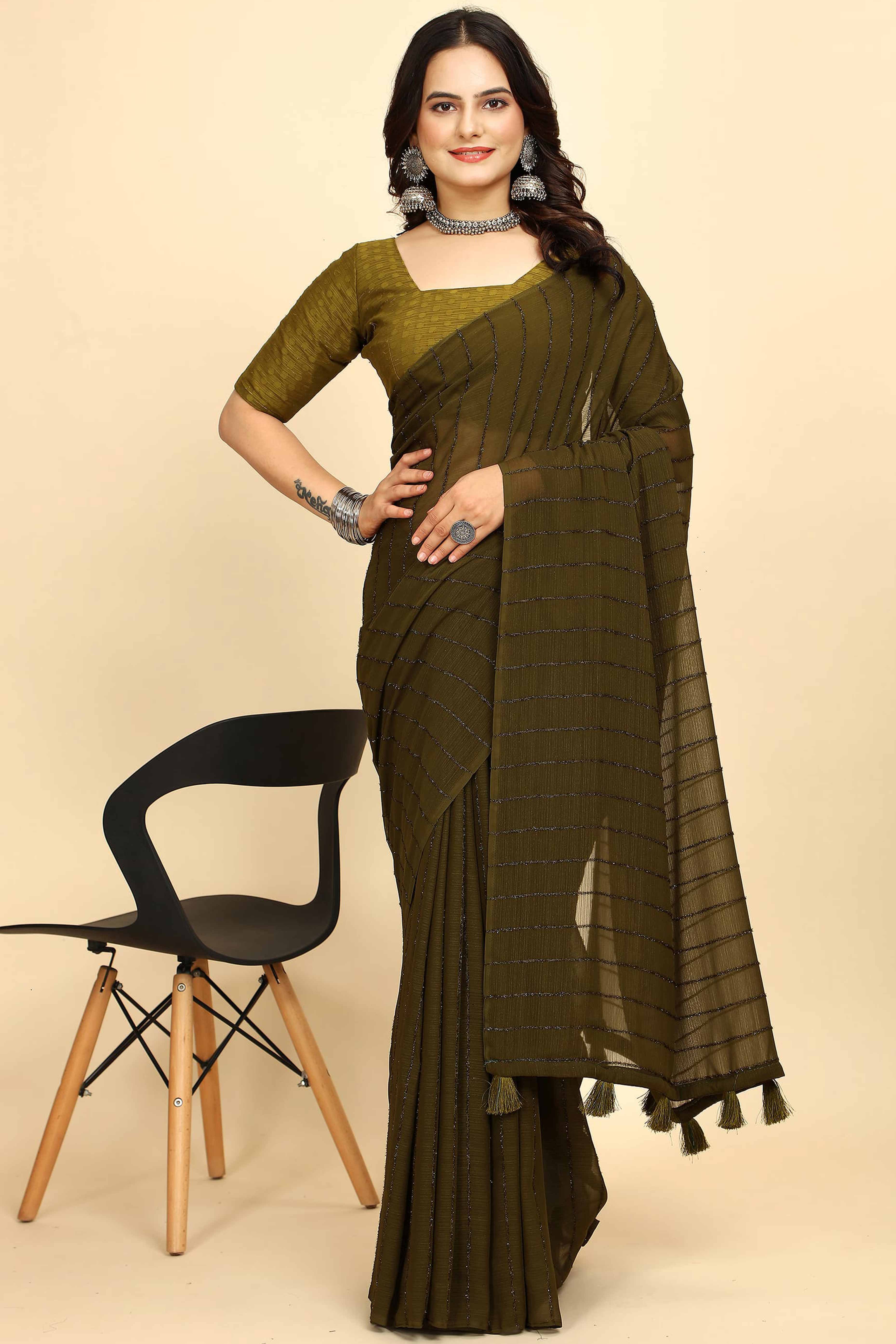 Mehendi Green Striped Zari Woven Chiffon Saree With Tassels