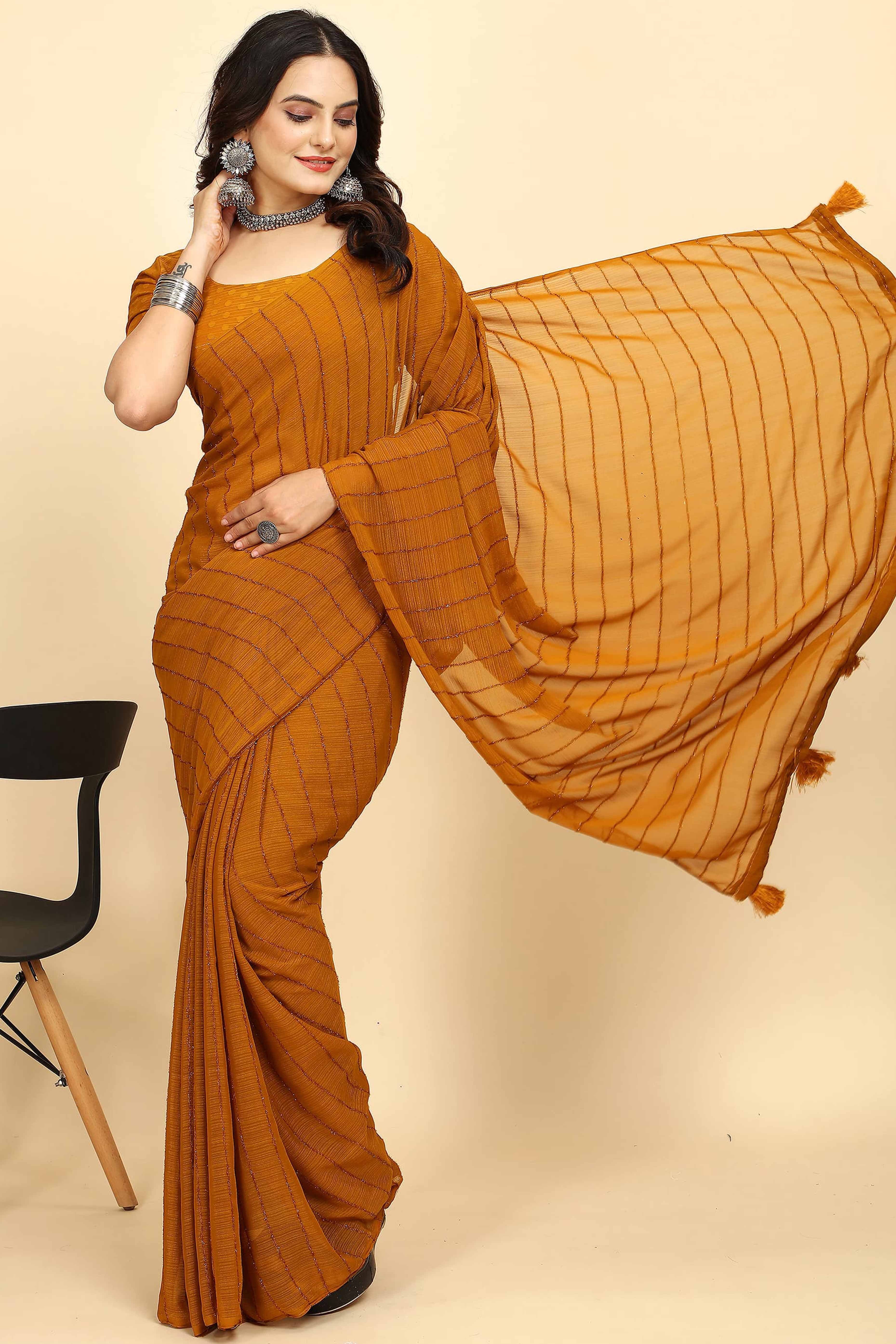 Mustard Striped Zari Woven Chiffon Saree With Tassels