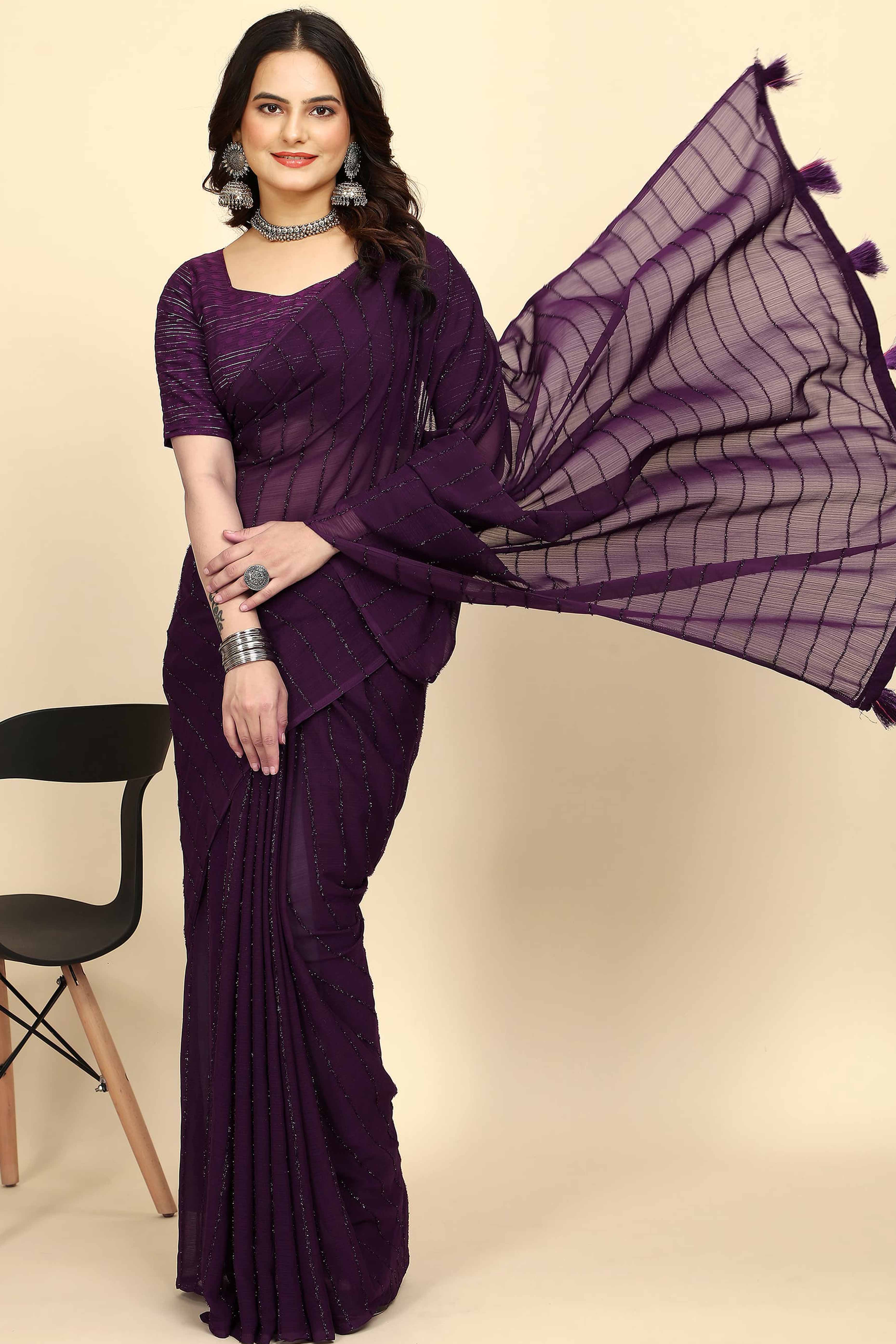 Purple Striped Zari Woven Chiffon Saree With Tassels