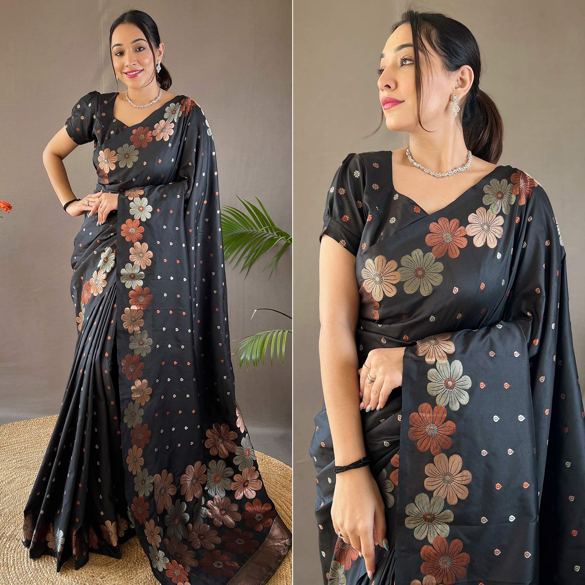 Black Floral Zari Woven Pure Silk Saree
