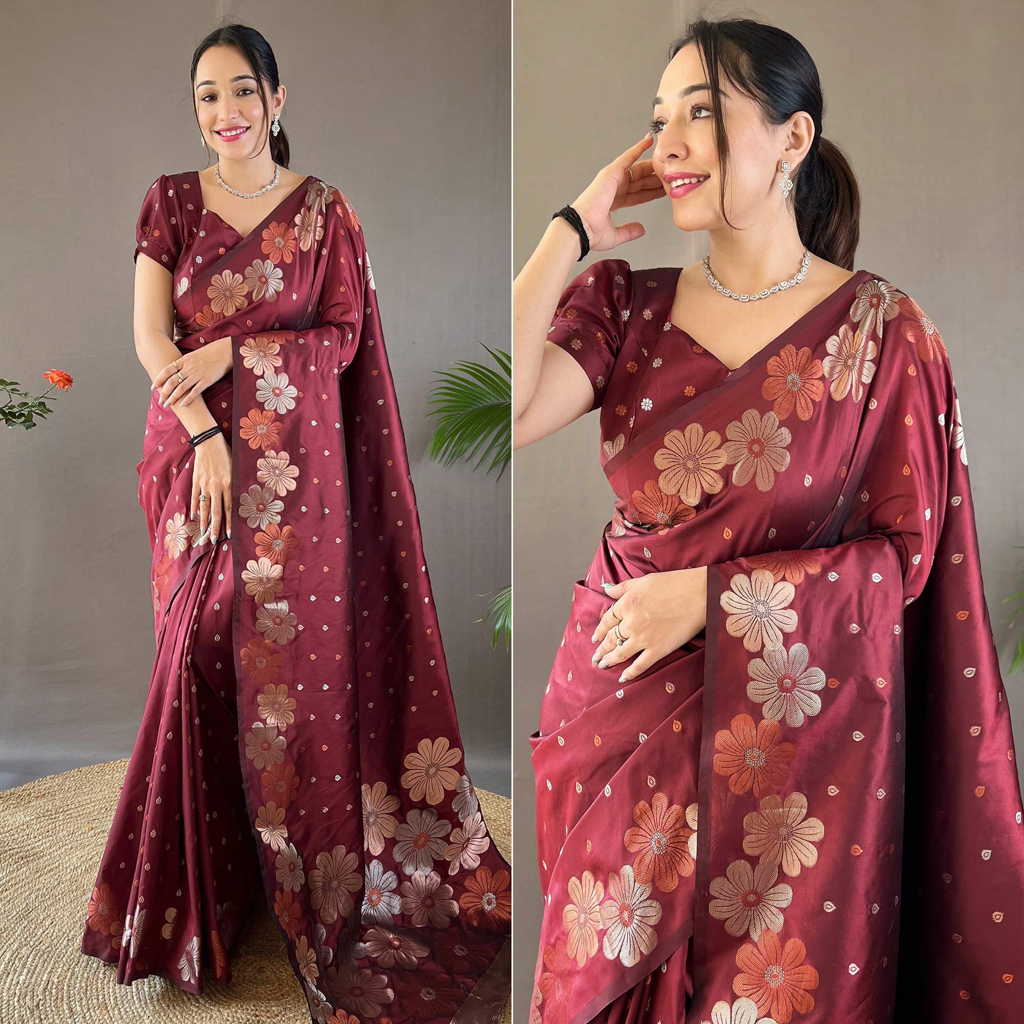Maroon Floral Zari Woven Pure Silk Saree