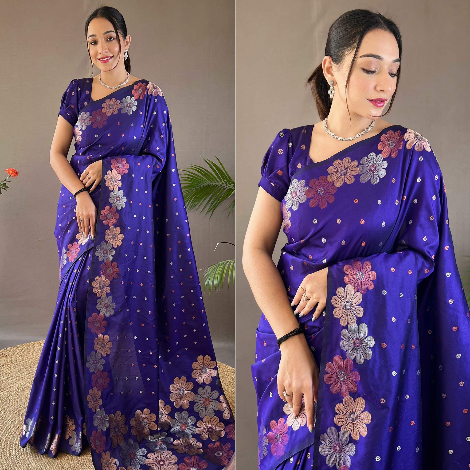 Navy Blue Floral Zari Woven Pure Silk Saree