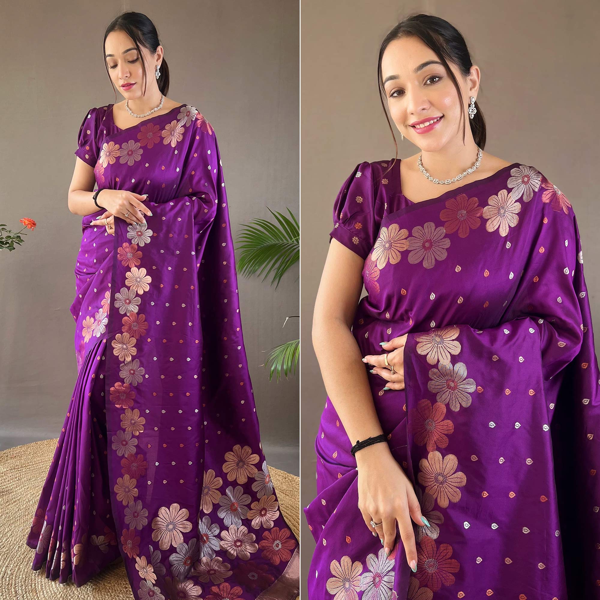Purple Floral Zari Woven Pure Silk Saree