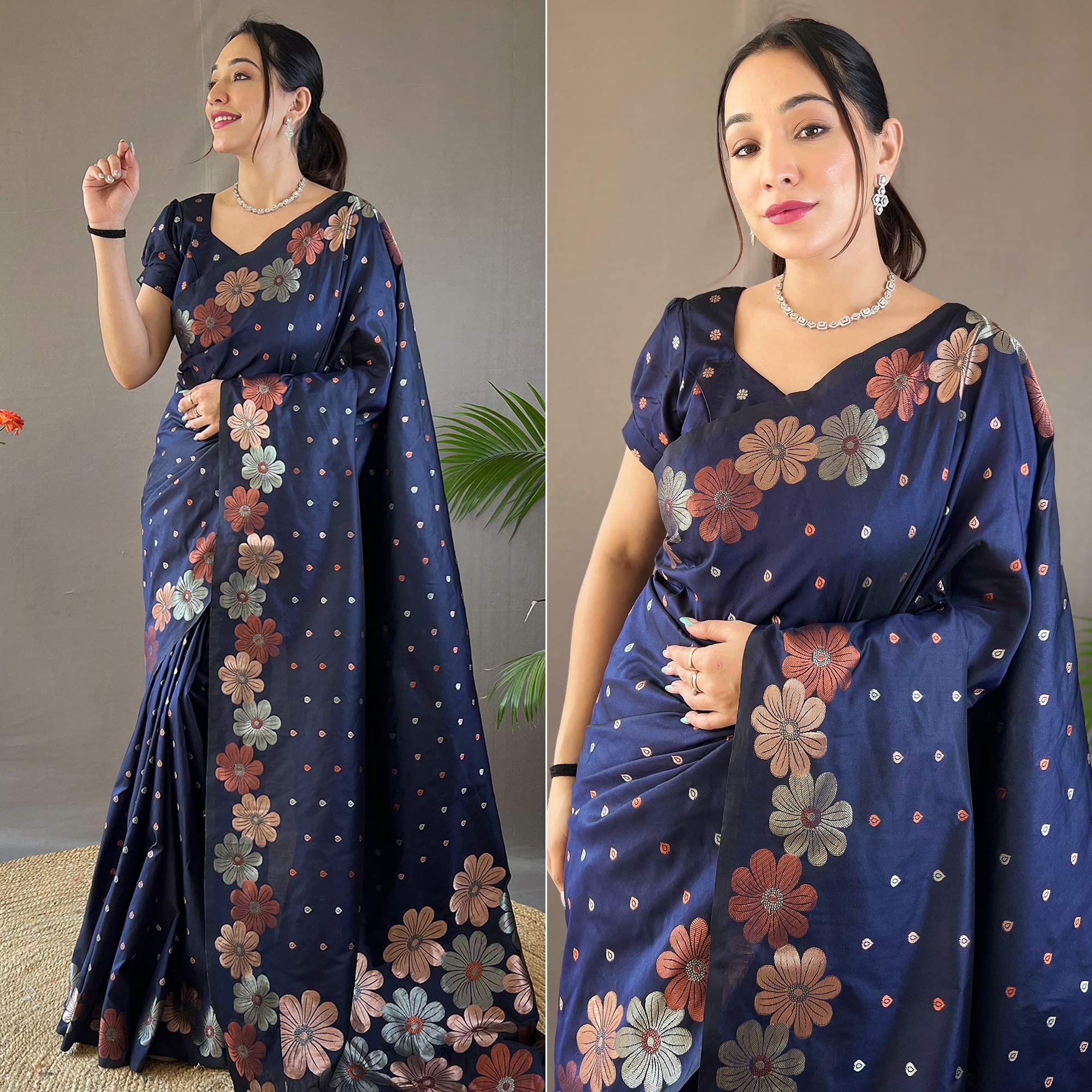 Royal Blue Floral Zari Woven Pure Silk Saree