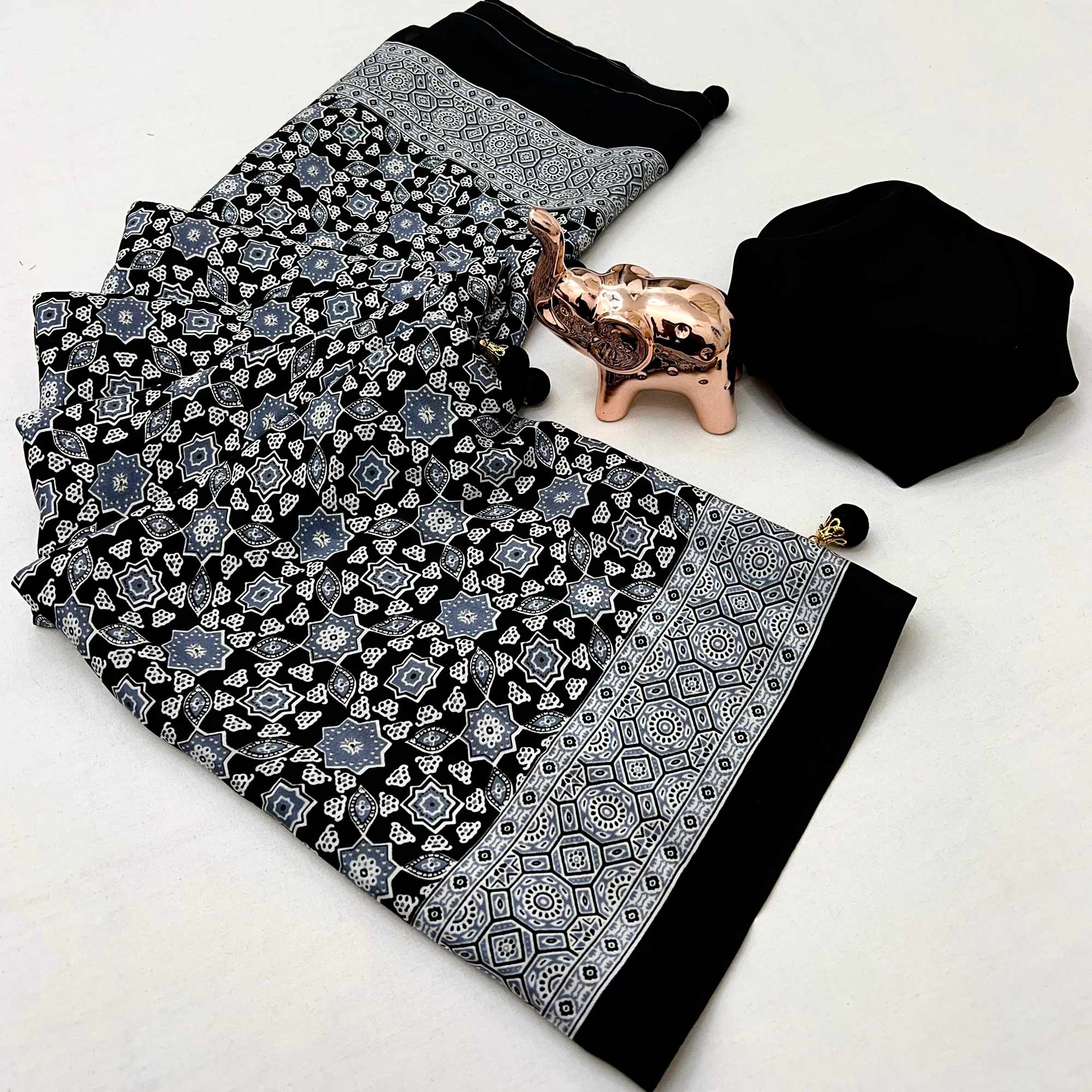 Black Saree in Satin Fabric with Authentic Ajrakh Patterns