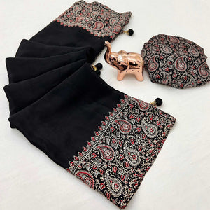 Black Saree in Satin Fabric with Authentic Ajrakh Patterns