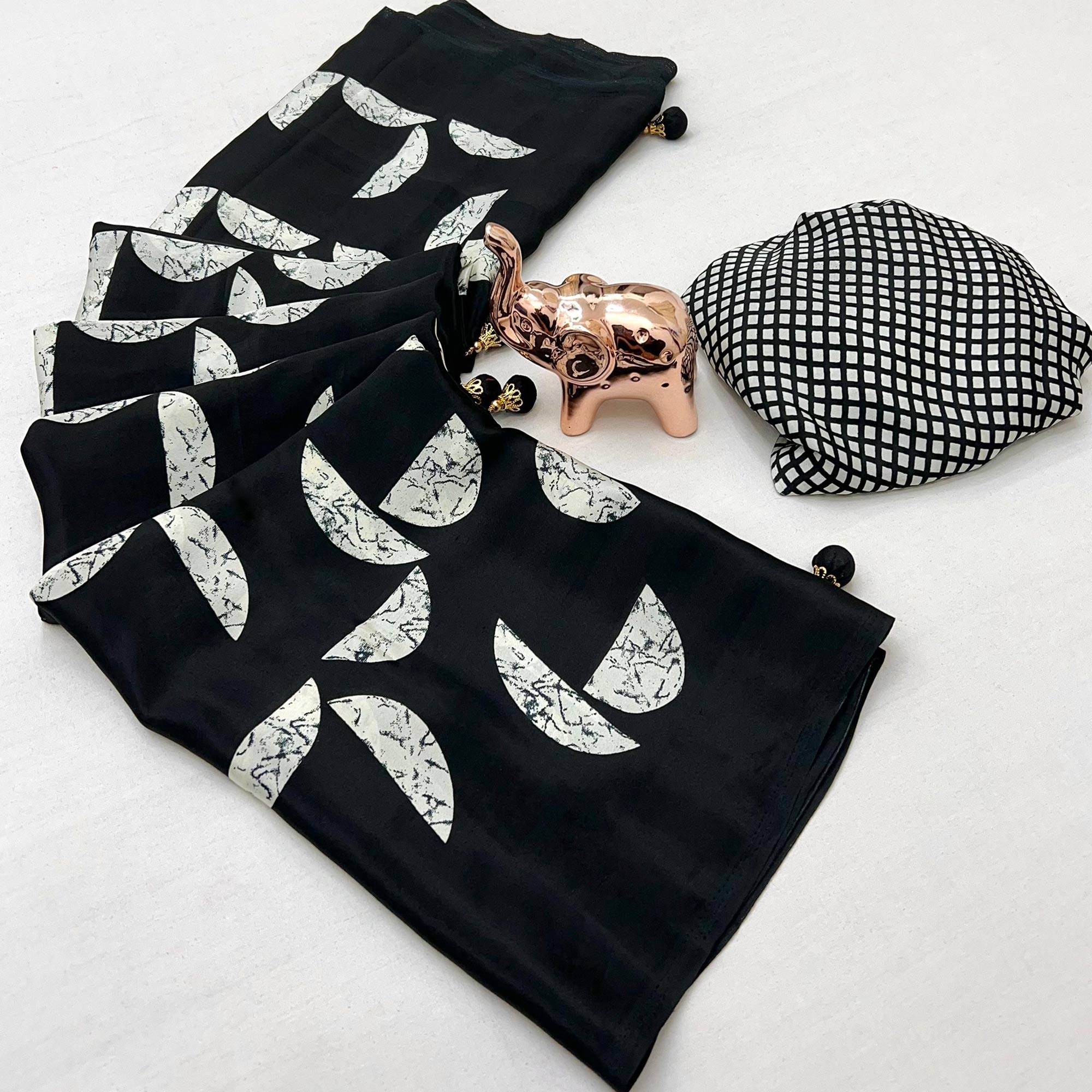 Black Saree in Satin Fabric with Modern Geometric Patterns