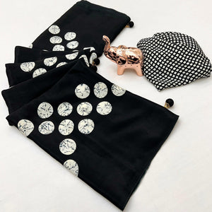 Black Saree in Satin Fabric with Modern Geometric Patterns