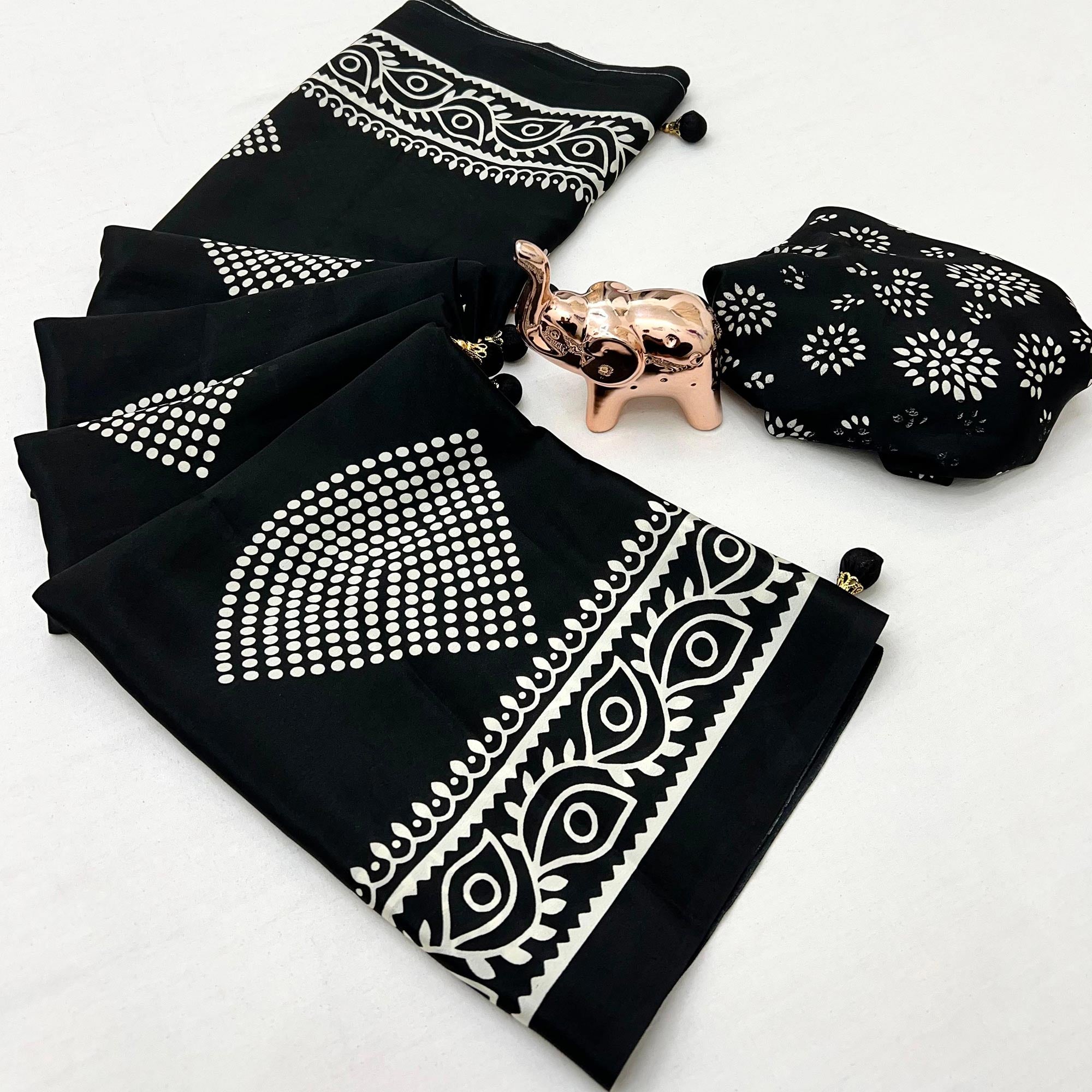 Black Saree in Satin Fabric with Authentic Polka Dot Patterns