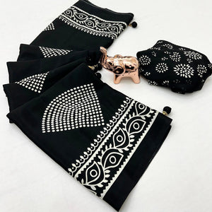 Black Saree in Satin Fabric with Authentic Polka Dot Patterns