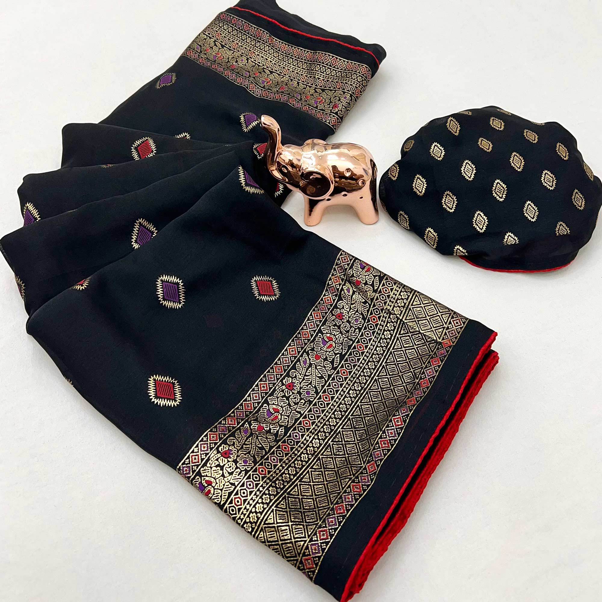 Black Viscose Saree with Foil Geometric Prints
