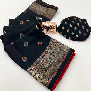 Black Viscose Saree with Foil Geometric Prints