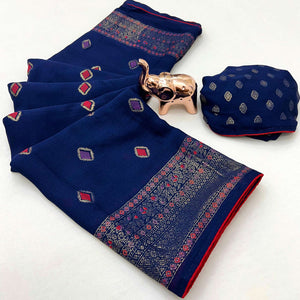 Blue Viscose Saree with Foil Geometric Prints