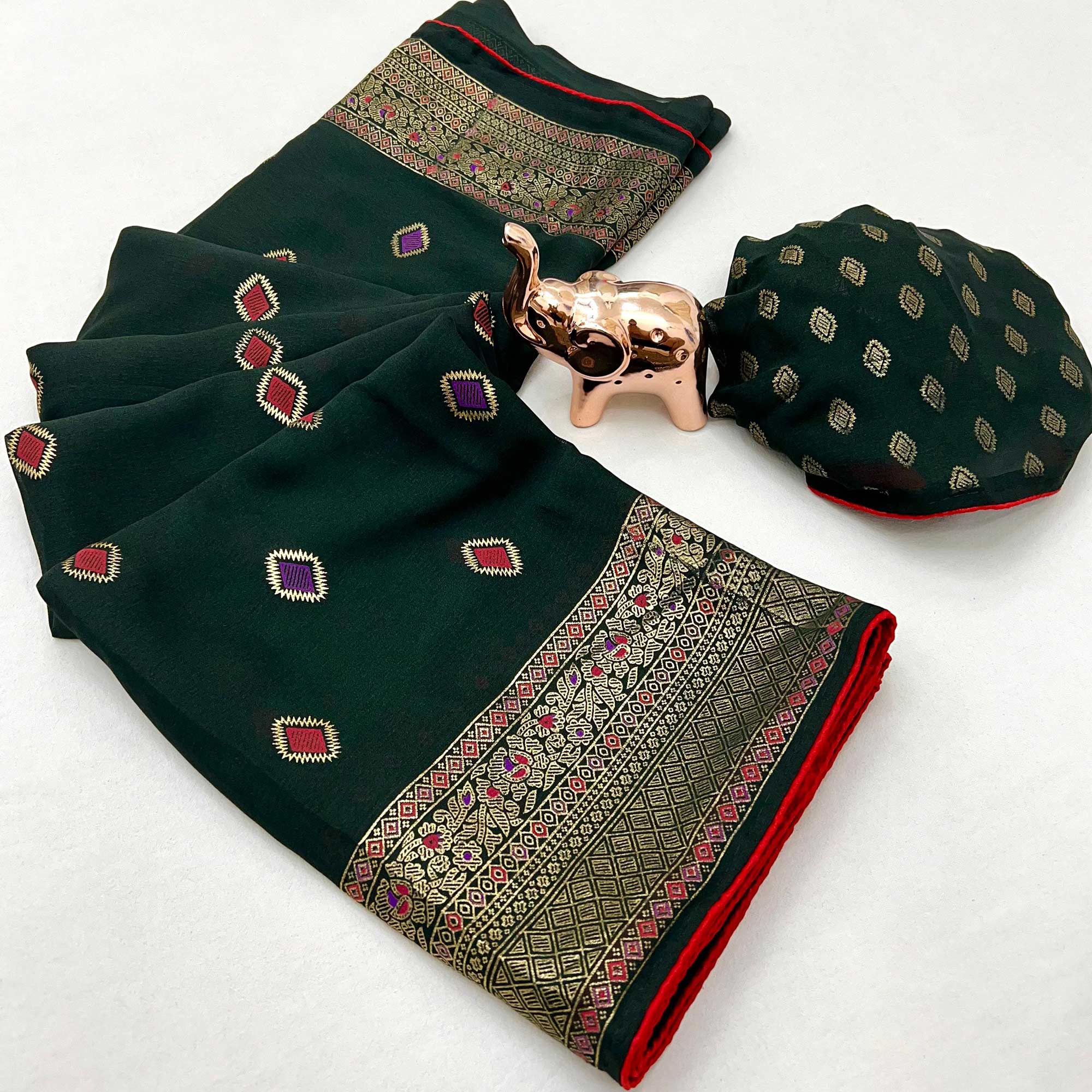 Green Viscose Saree with Foil Geometric Prints