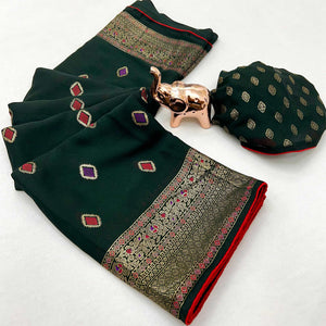 Green Viscose Saree with Foil Geometric Prints