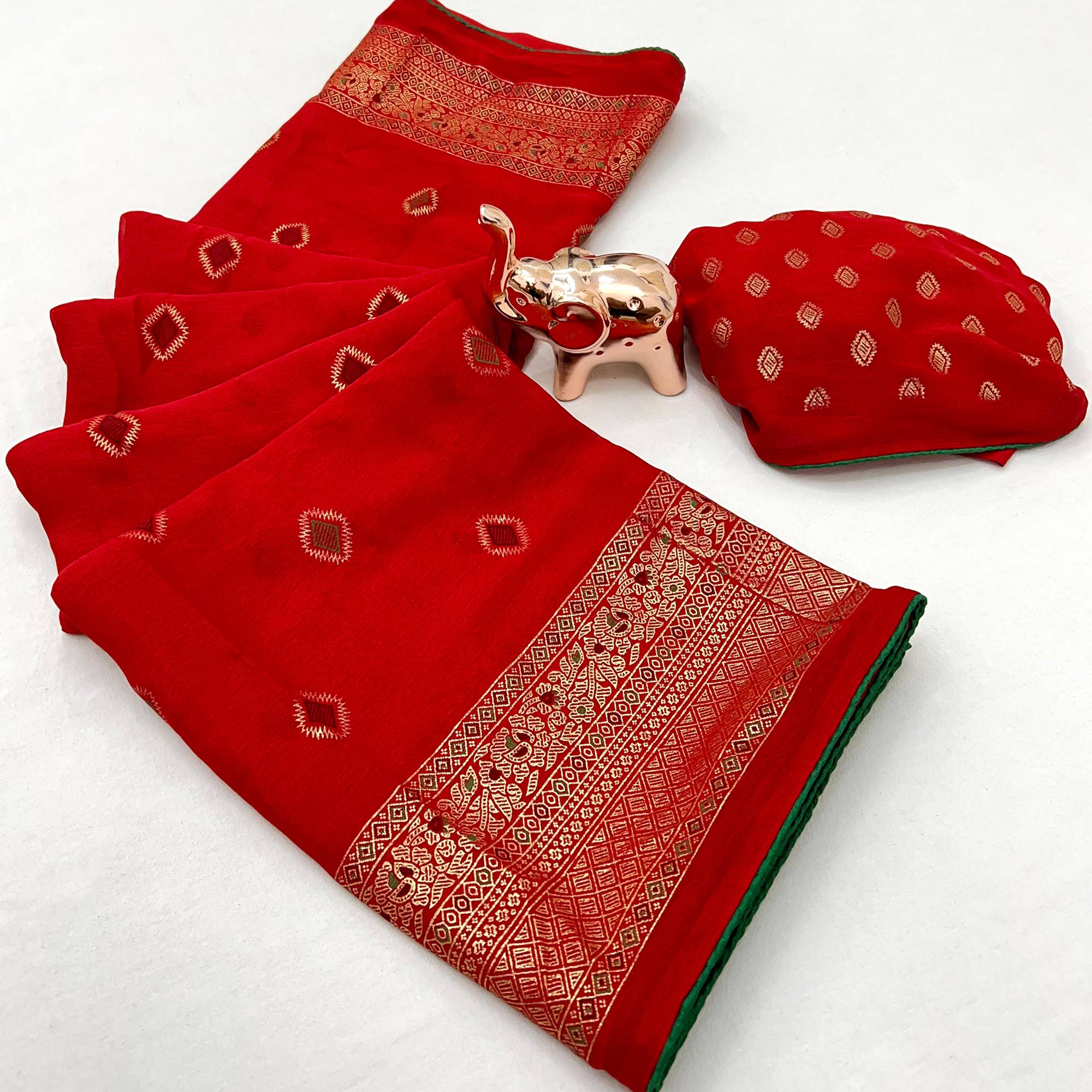 Red Viscose Saree with Foil Geometric Prints