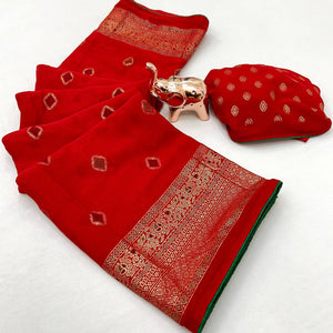 Red Viscose Saree with Foil Geometric Prints