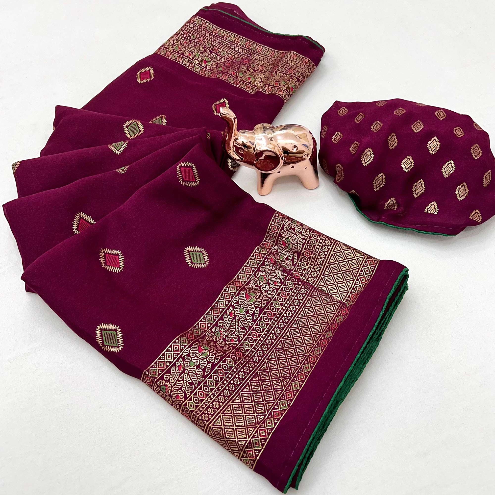 Wine Viscose Saree with Foil Geometric Prints