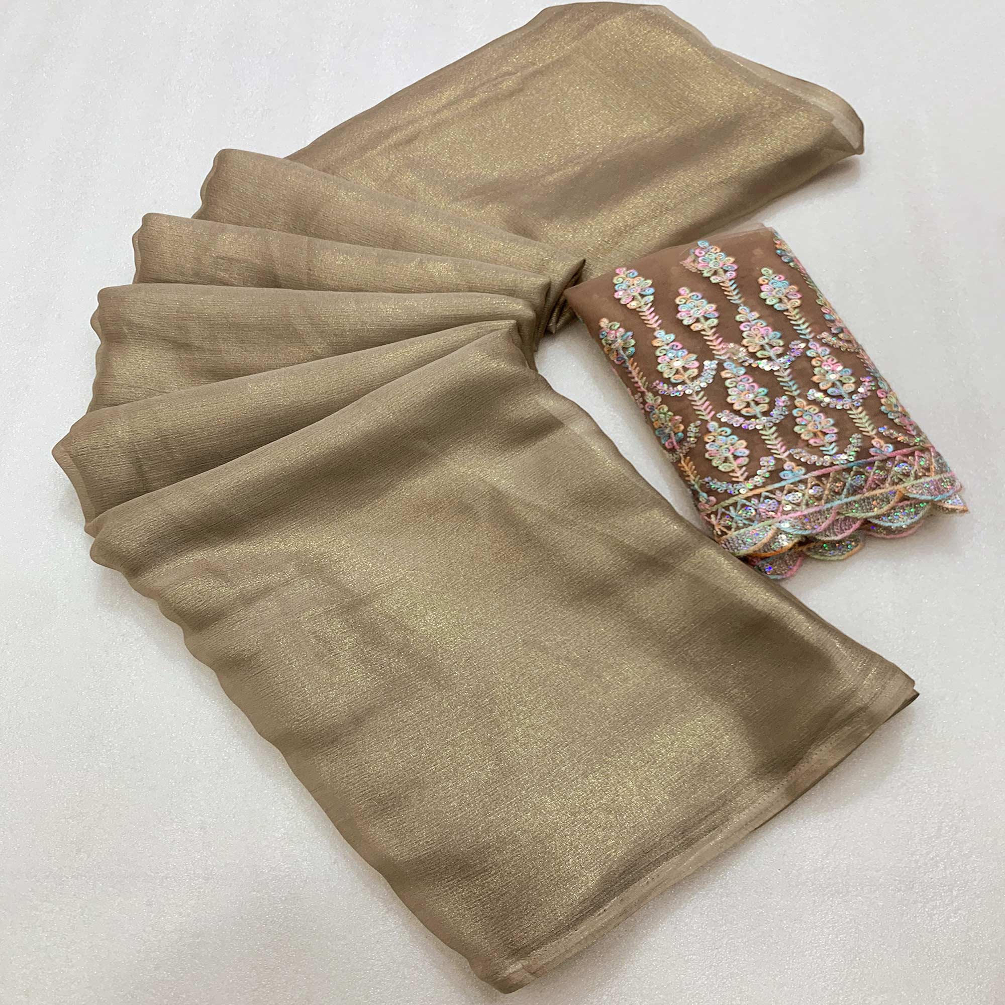 Dusty Brown Gold Coating Solid Chiffon Saree