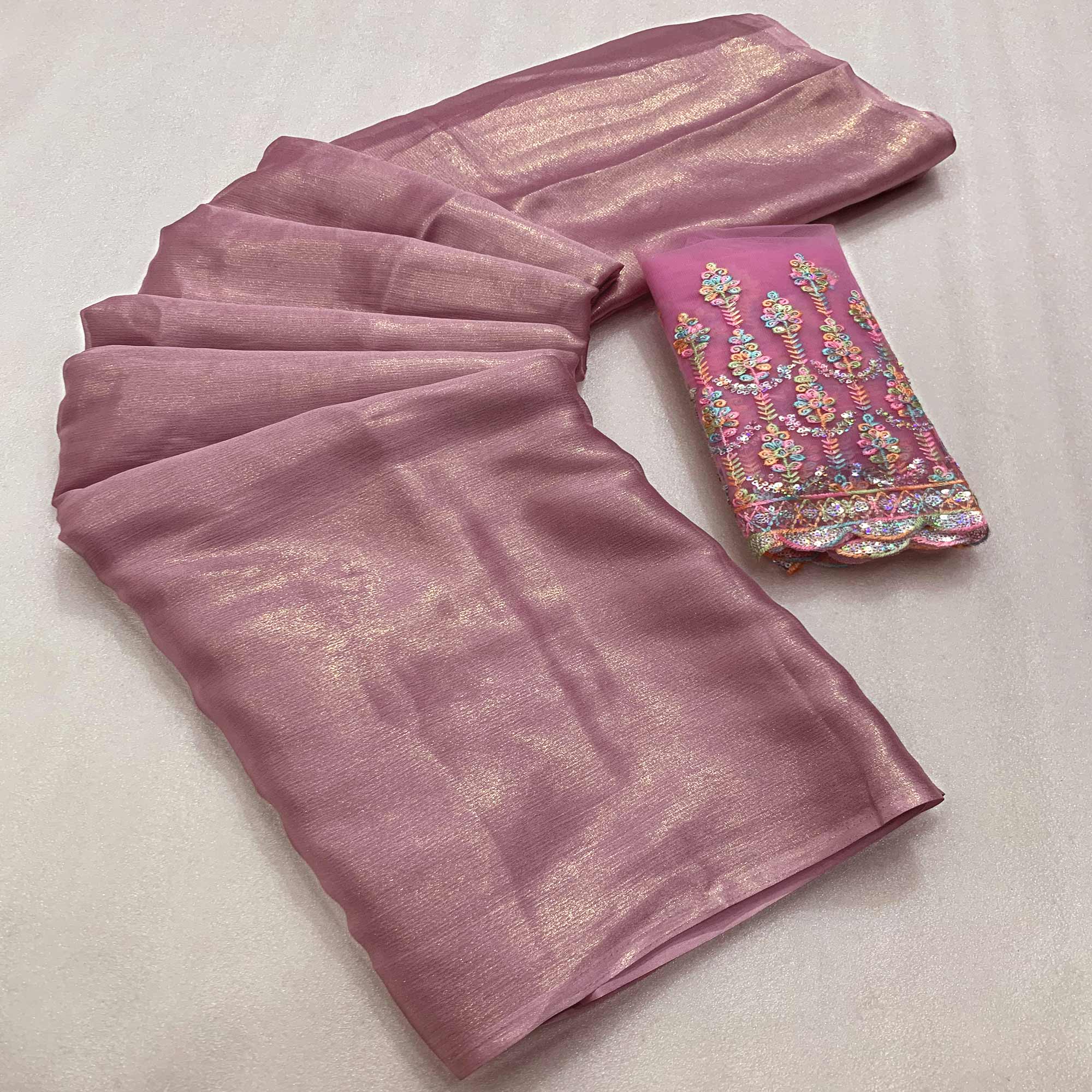 Dusty Pink Gold Coating Solid Chiffon Saree