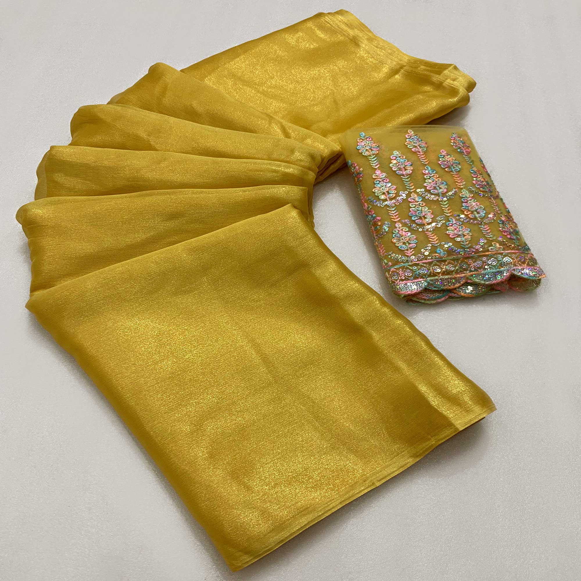 Mustard Gold Coating Solid Chiffon Saree