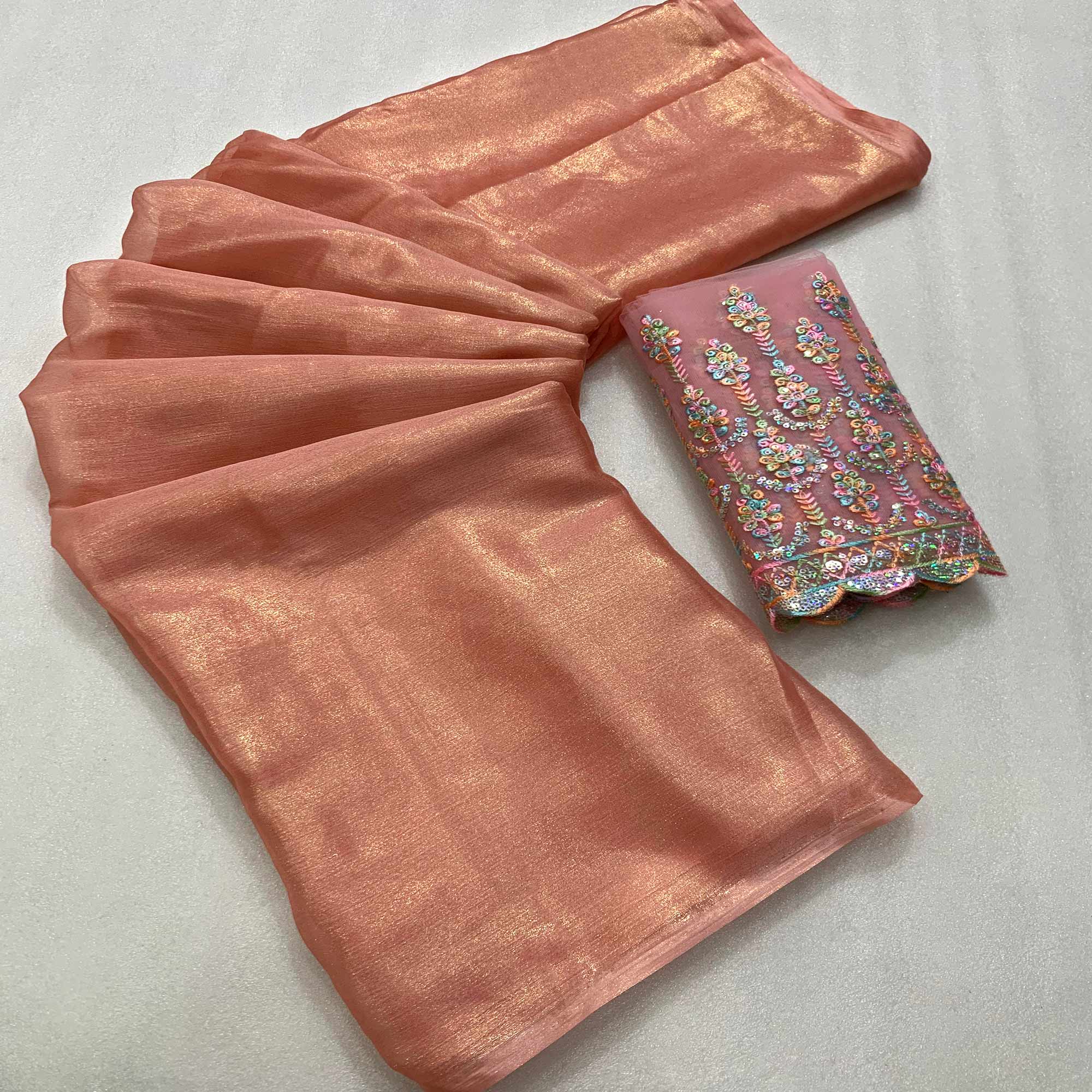 Peach Gold Coating Solid Chiffon Saree