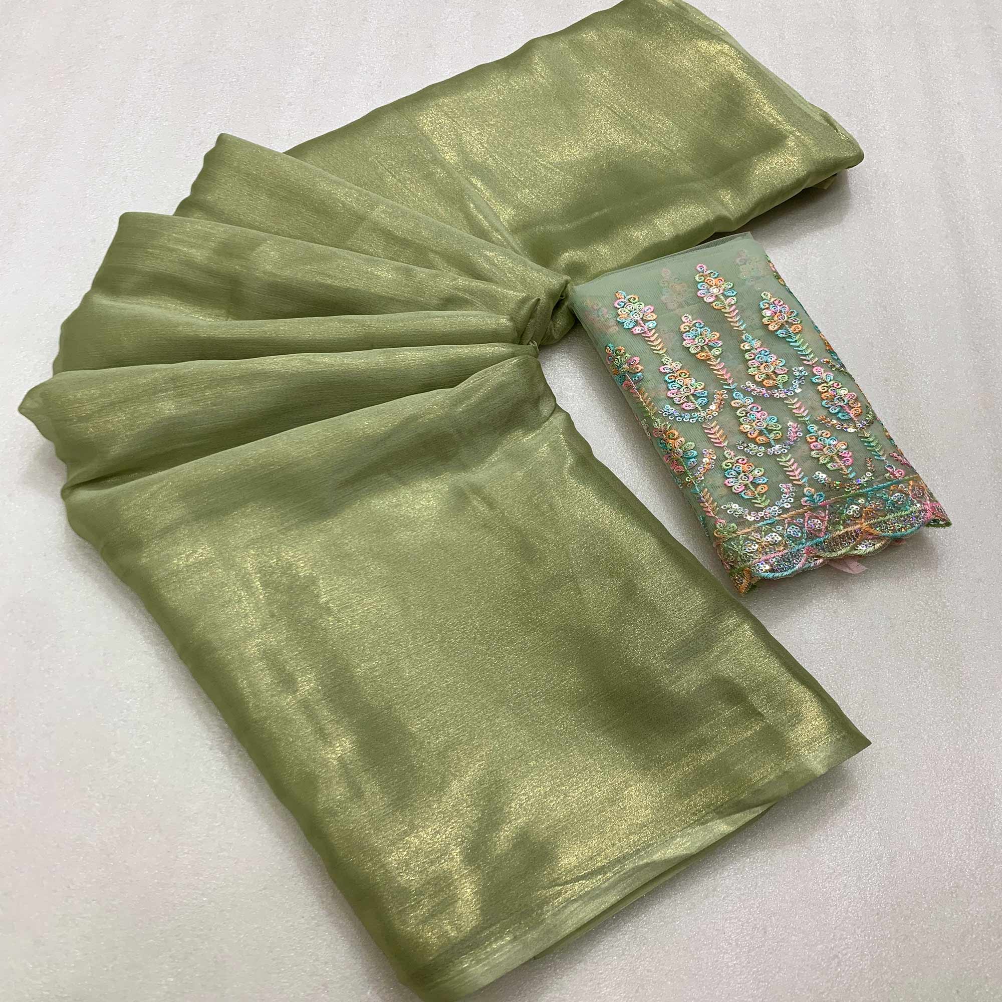 Pastel Green Gold Coating Solid Chiffon Saree