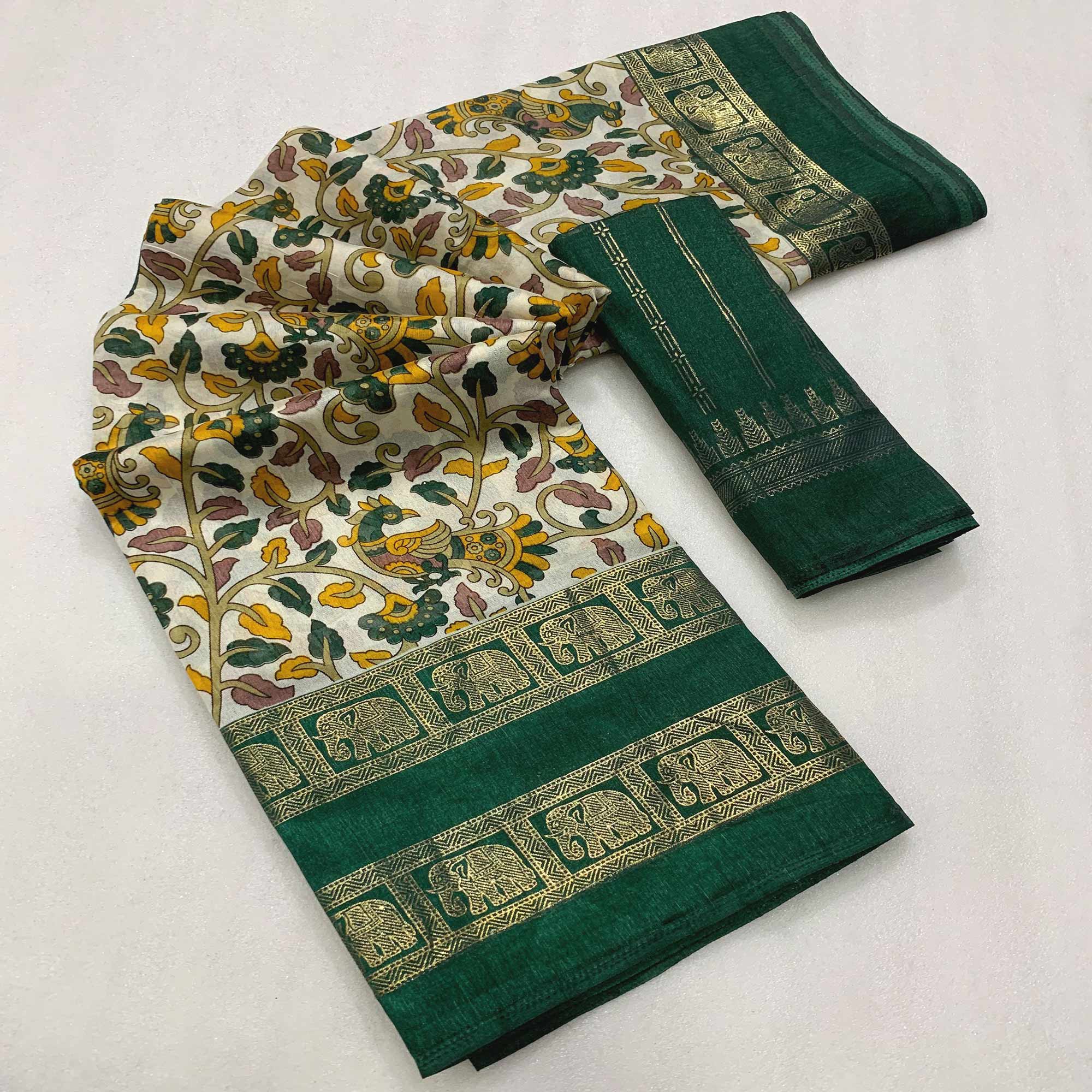 Bottle Green Kalamkari Printed Dola Silk Saree