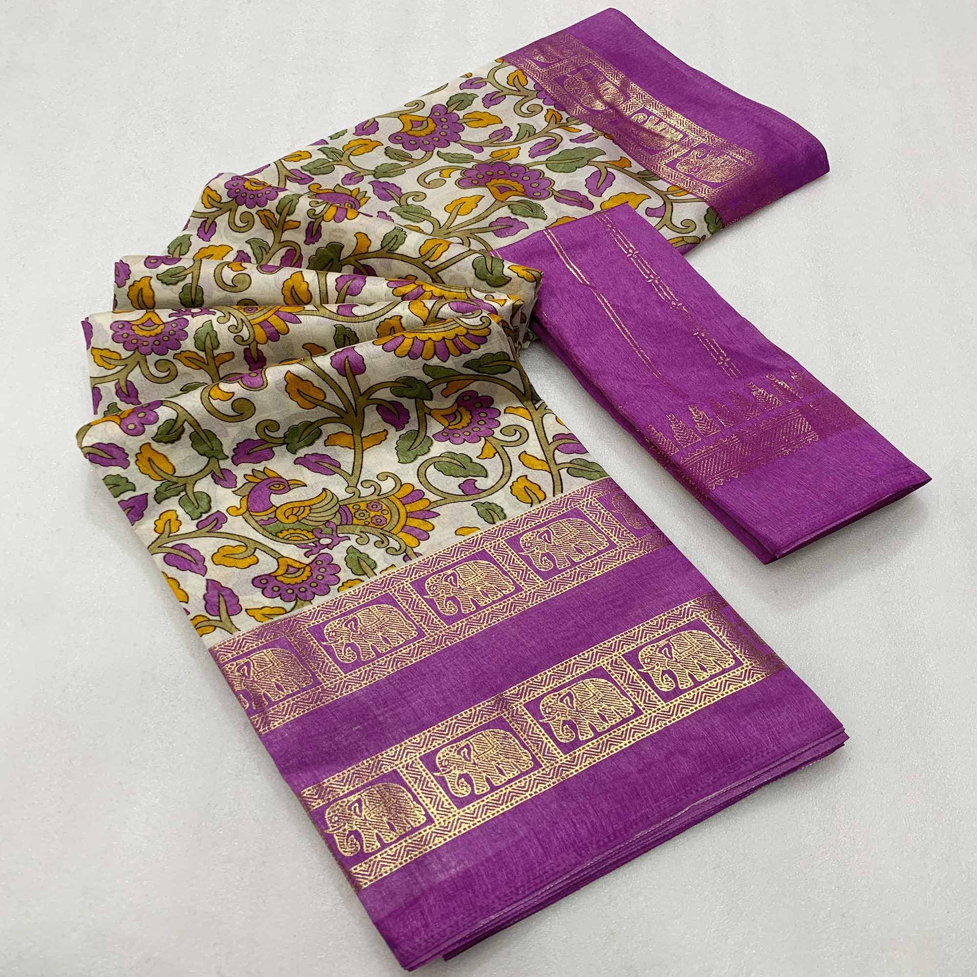 Lilac Purple Kalamkari Printed Dola Silk Saree