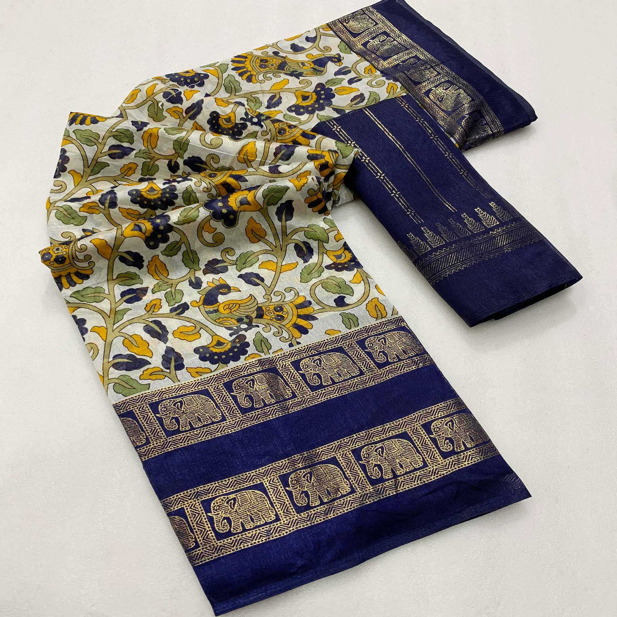 Navy Blue Kalamkari Printed Dola Silk Saree