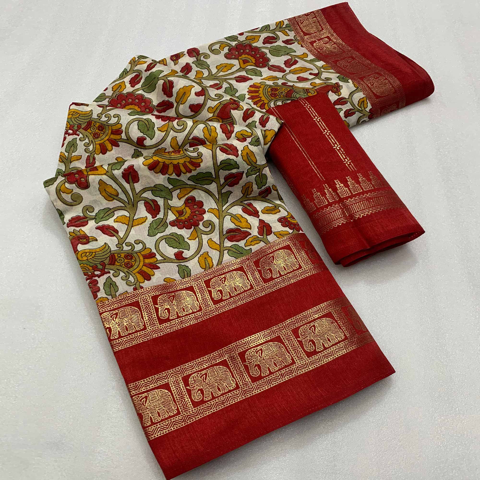 Red Kalamkari Printed Dola Silk Saree