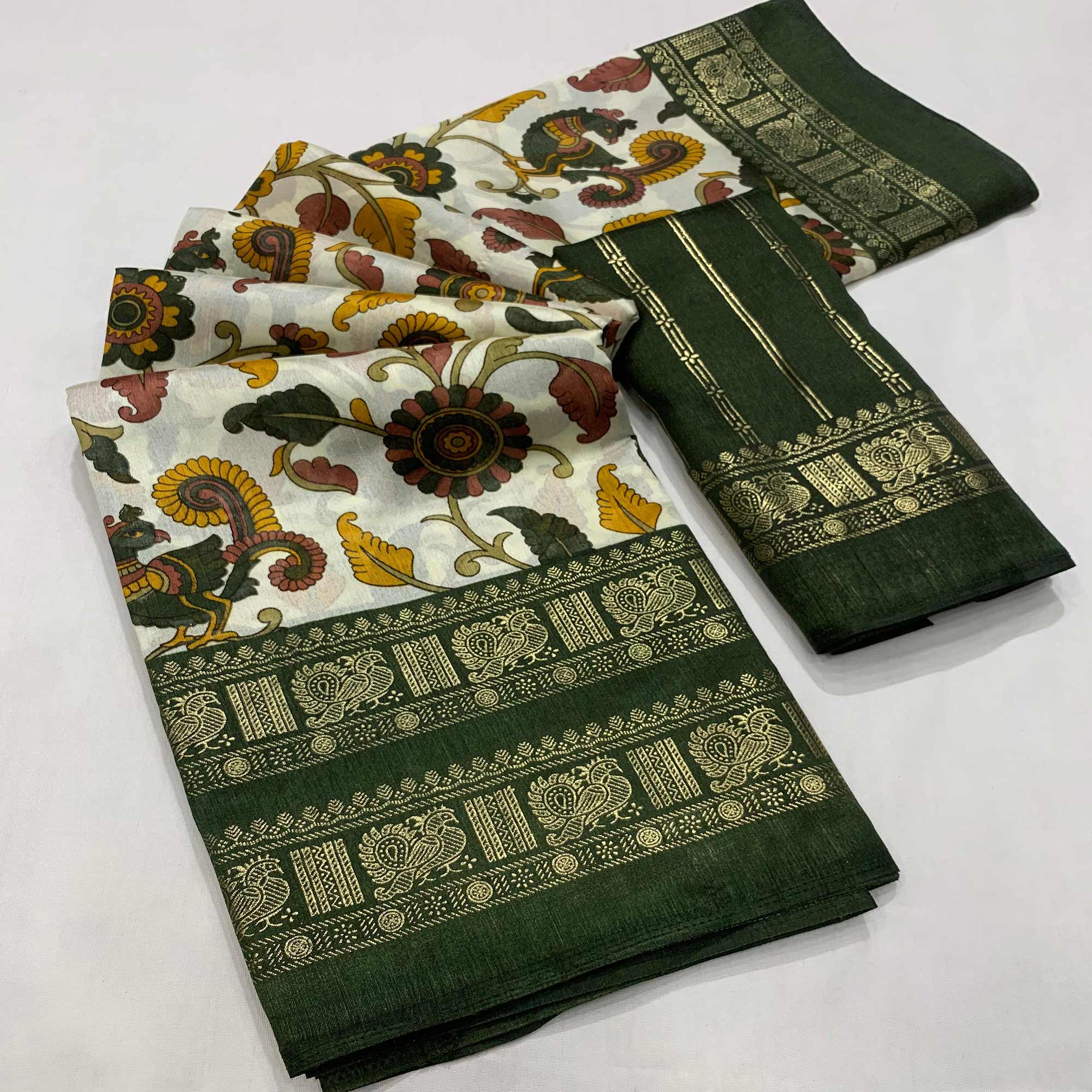 Green Floral Printed Dola Silk Saree