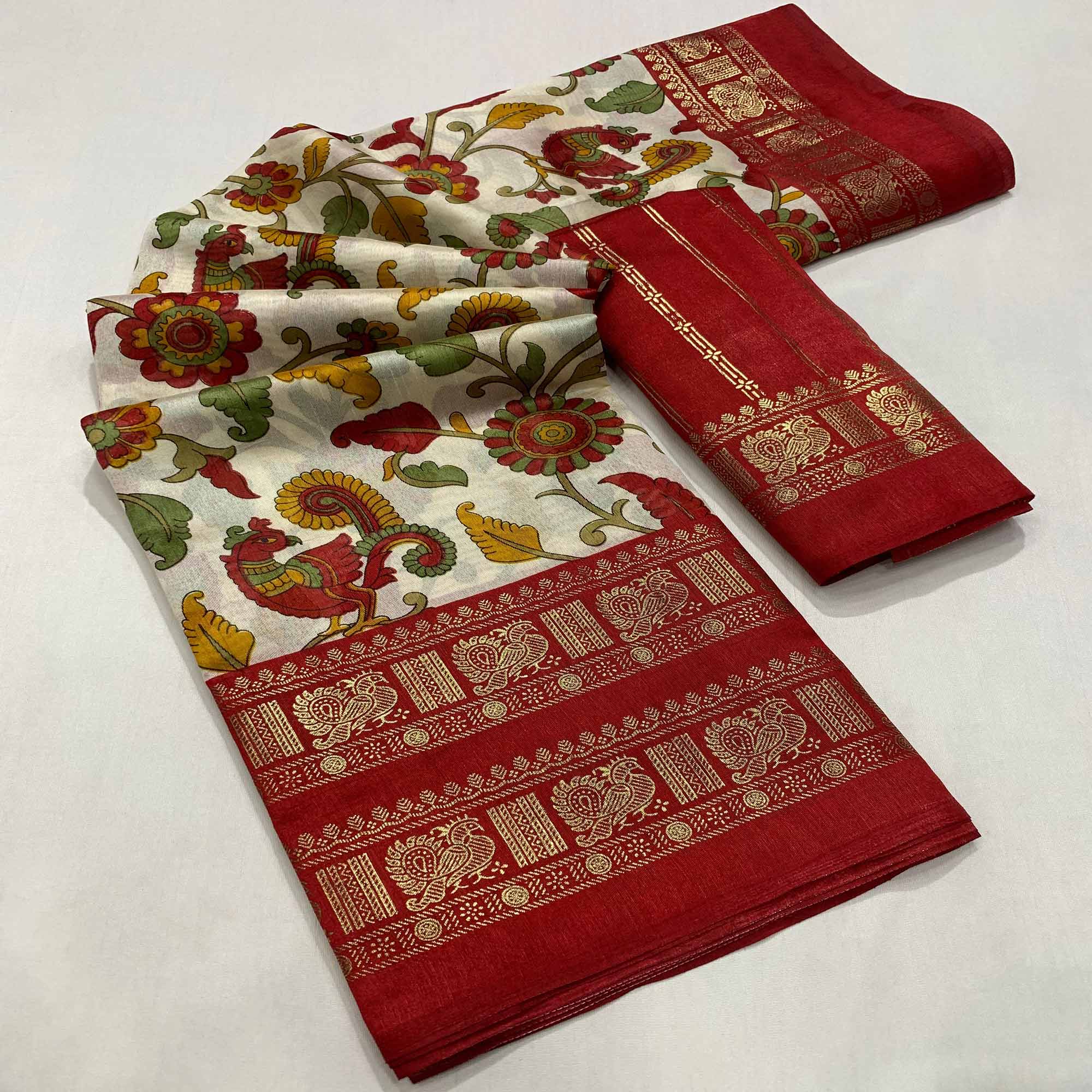 Red Floral Printed Dola Silk Saree