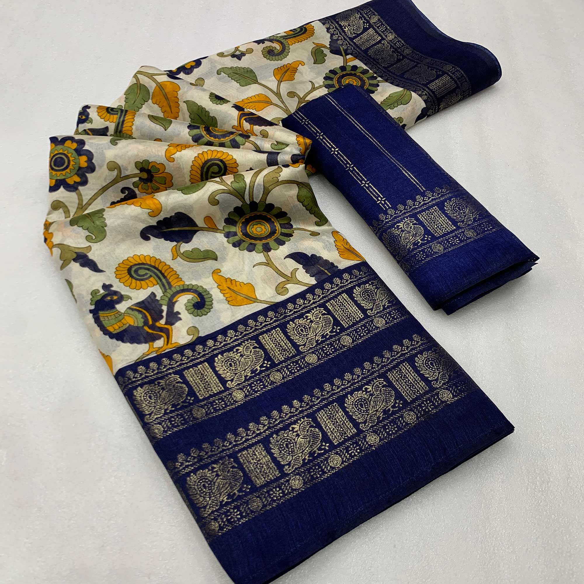 Blue Kalamkari Printed Dola Silk Saree