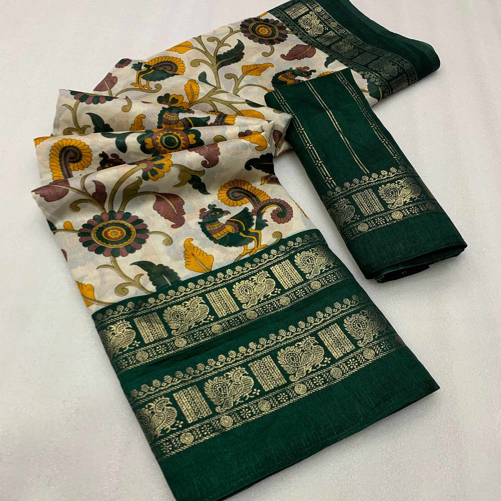 Green Kalamkari Printed Dola Silk Saree