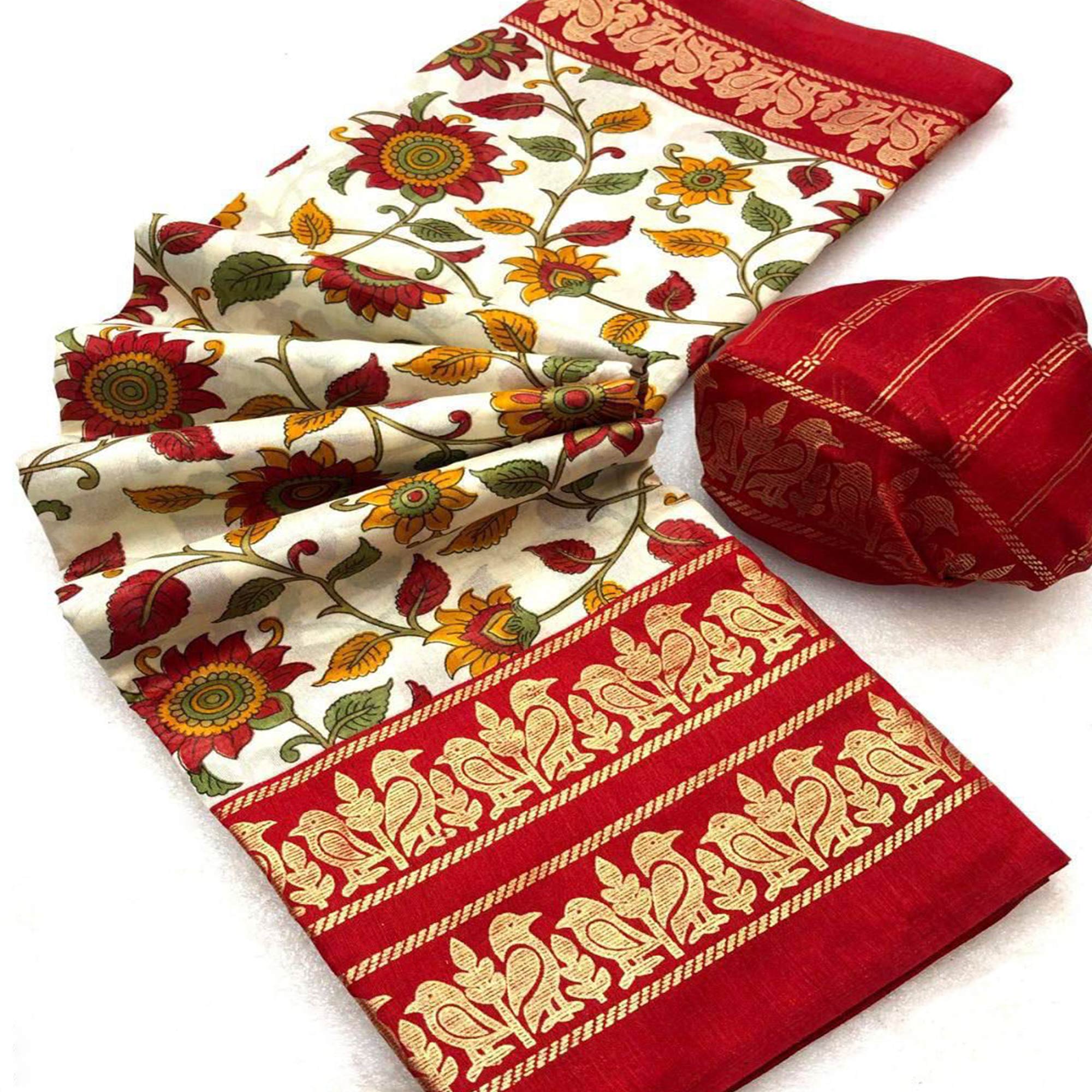 Red Kalamkari Printed Dola Silk Saree