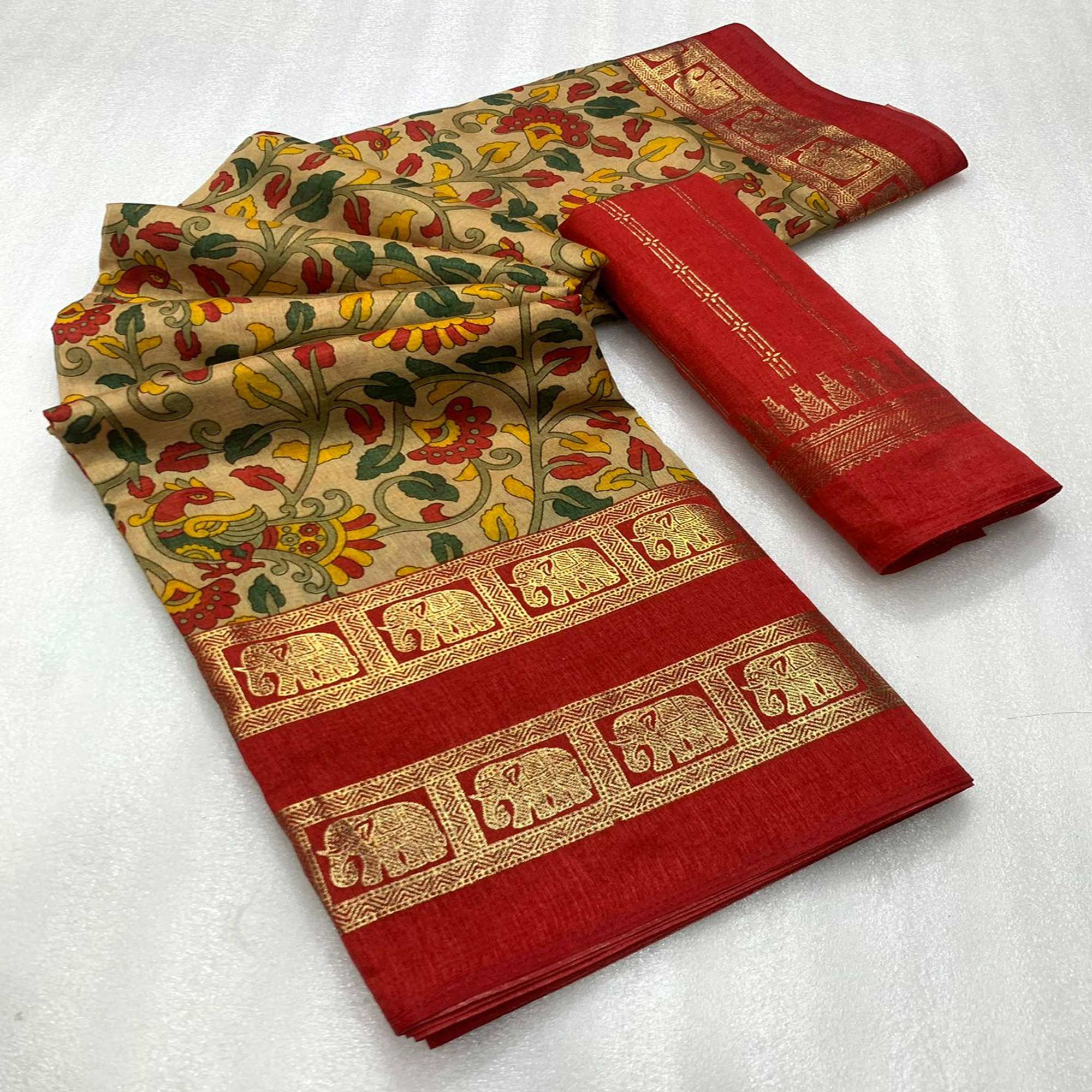 Chikoo Floral Kalamkari Printed Dola Silk Saree