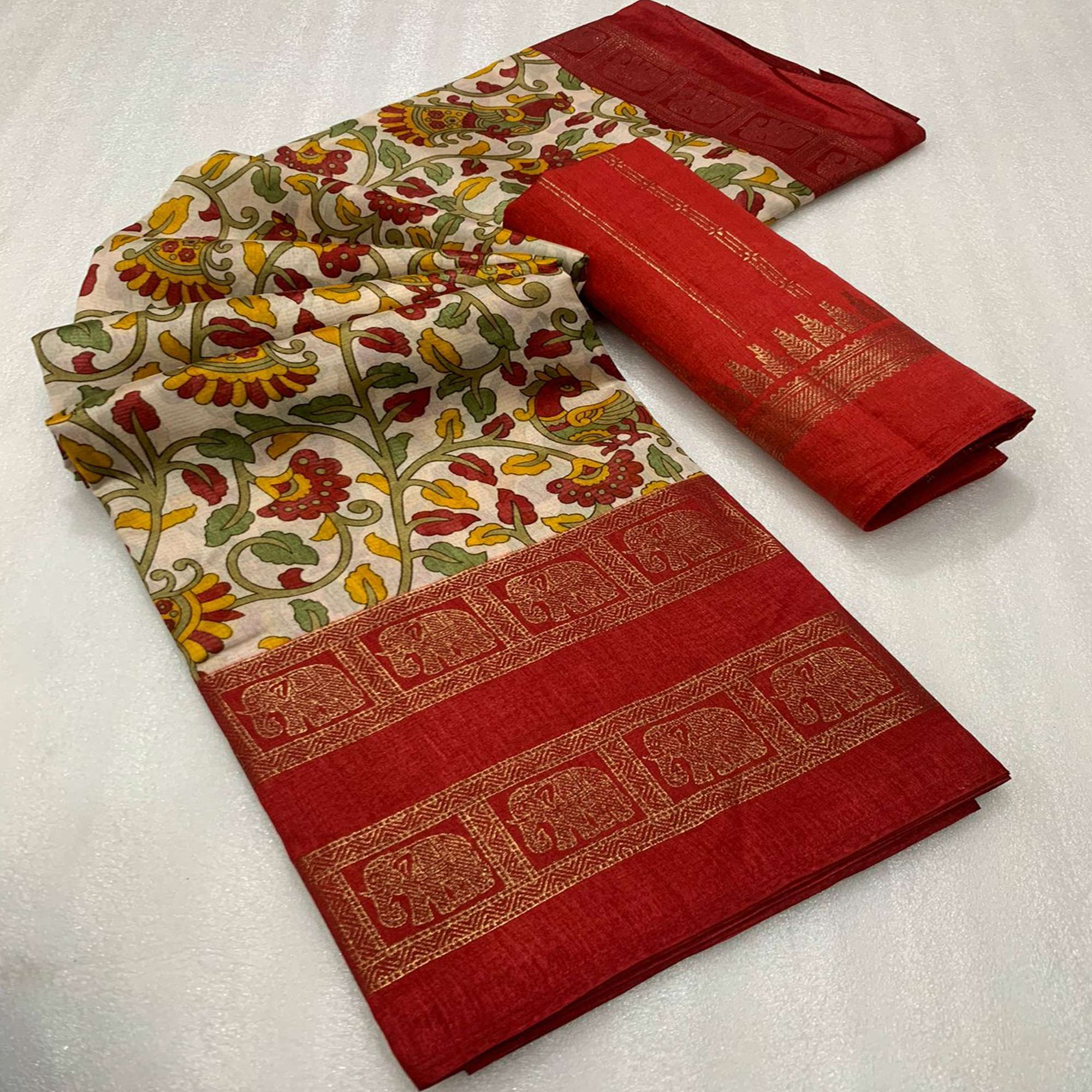 Cream Floral Kalamkari Printed Dola Silk Saree