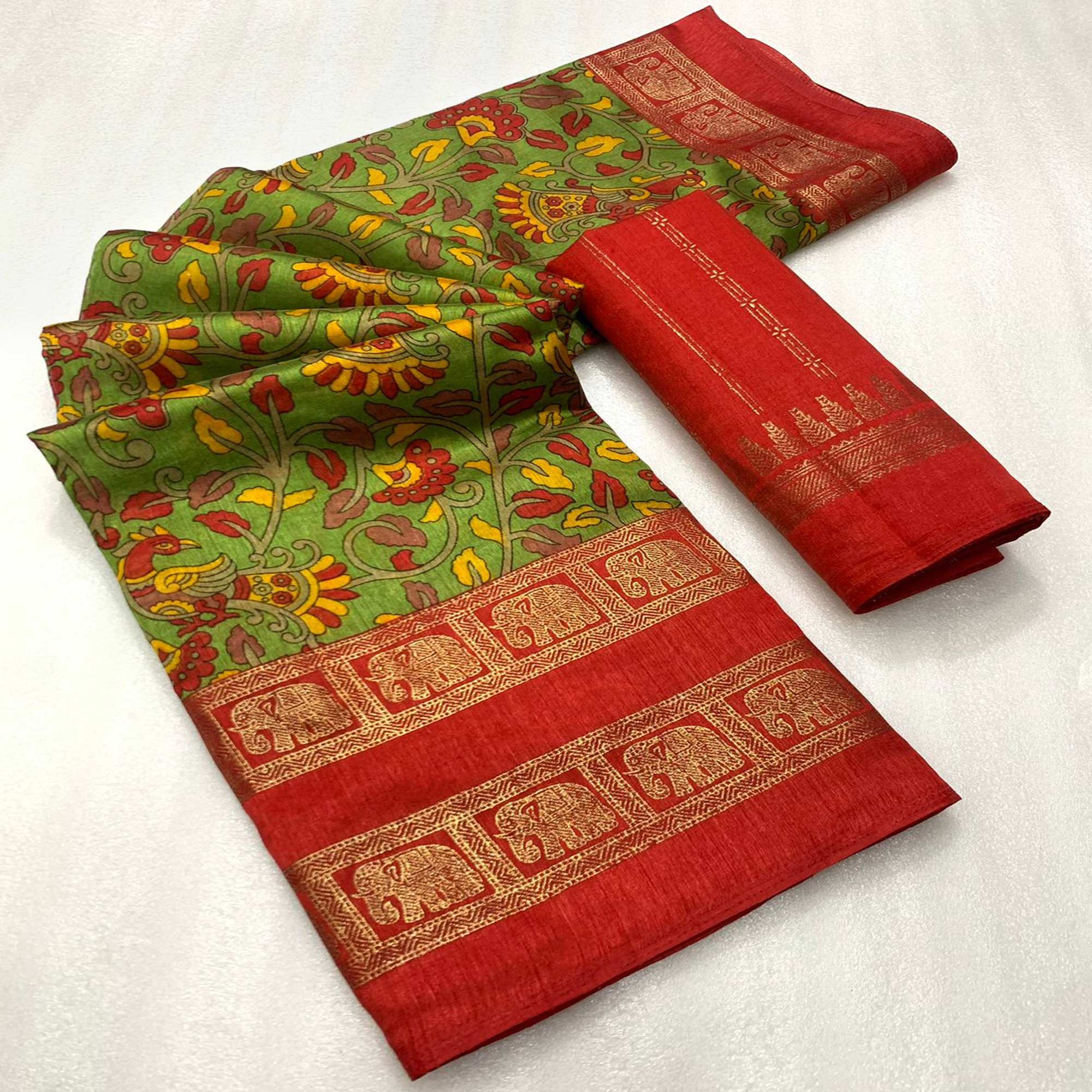 Green Floral Kalamkari Printed Dola Silk Saree