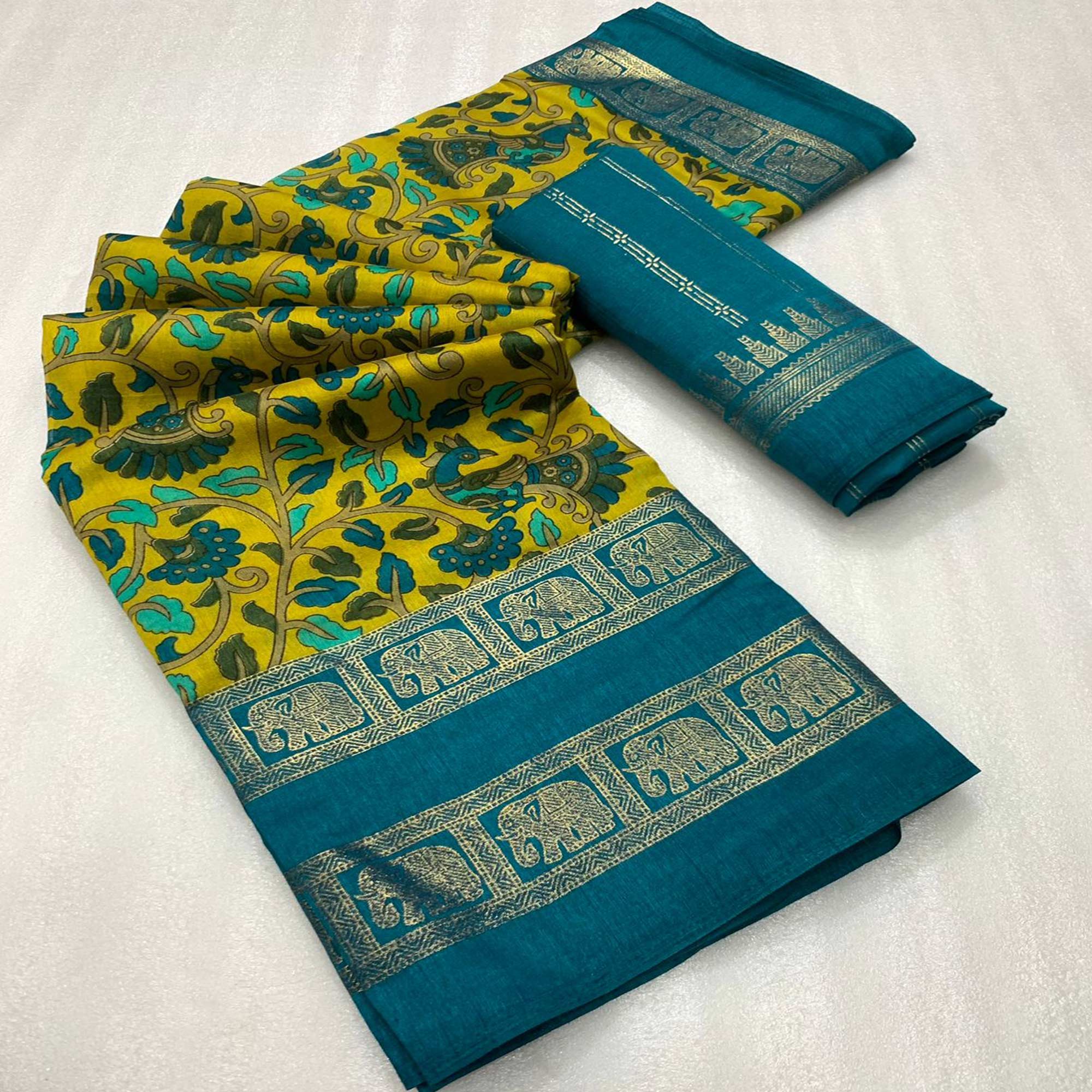 Lemon Green Floral Kalamkari Printed Dola Silk Saree