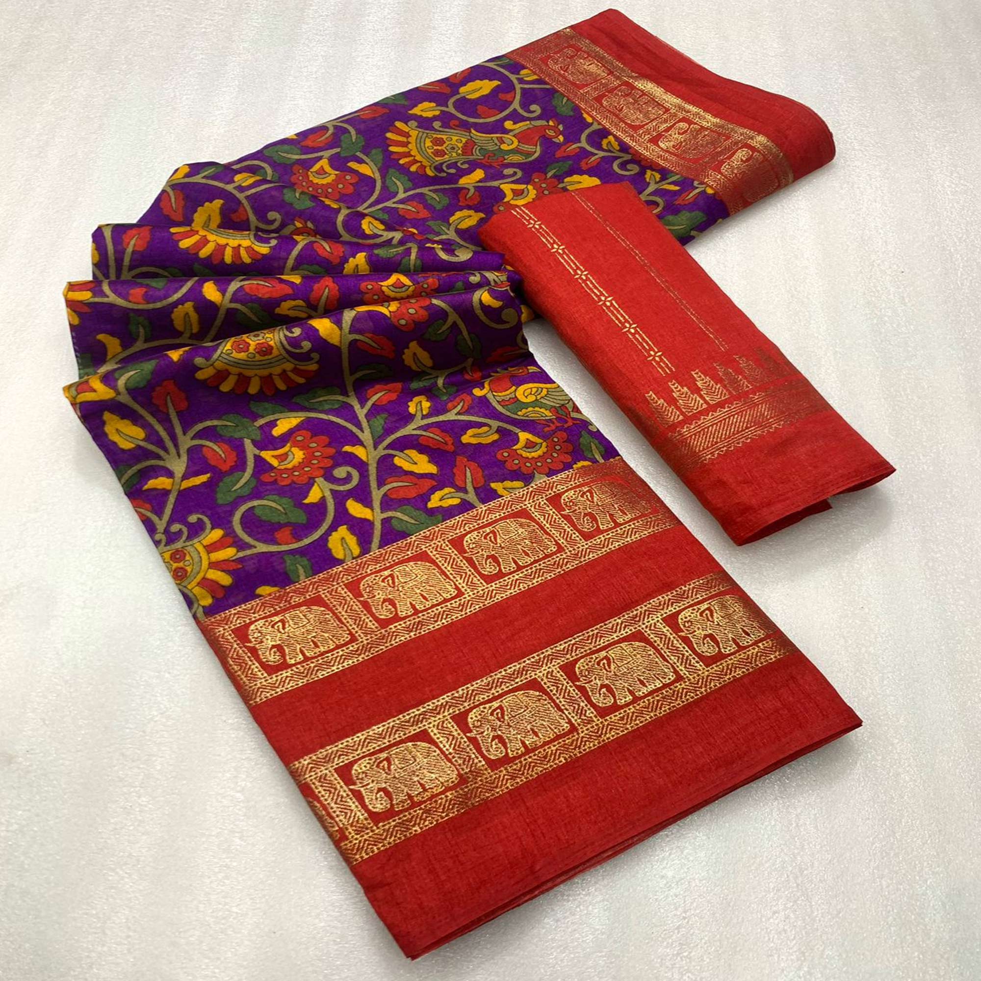 Purple Floral Kalamkari Printed Dola Silk Saree