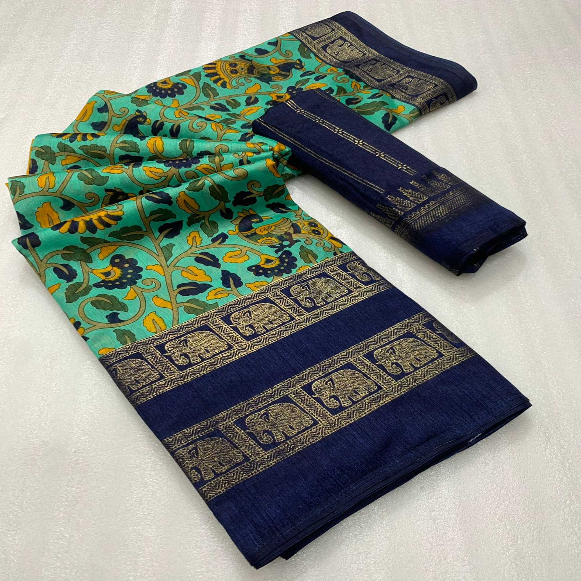 Turquoise Floral Kalamkari Printed Dola Silk Saree