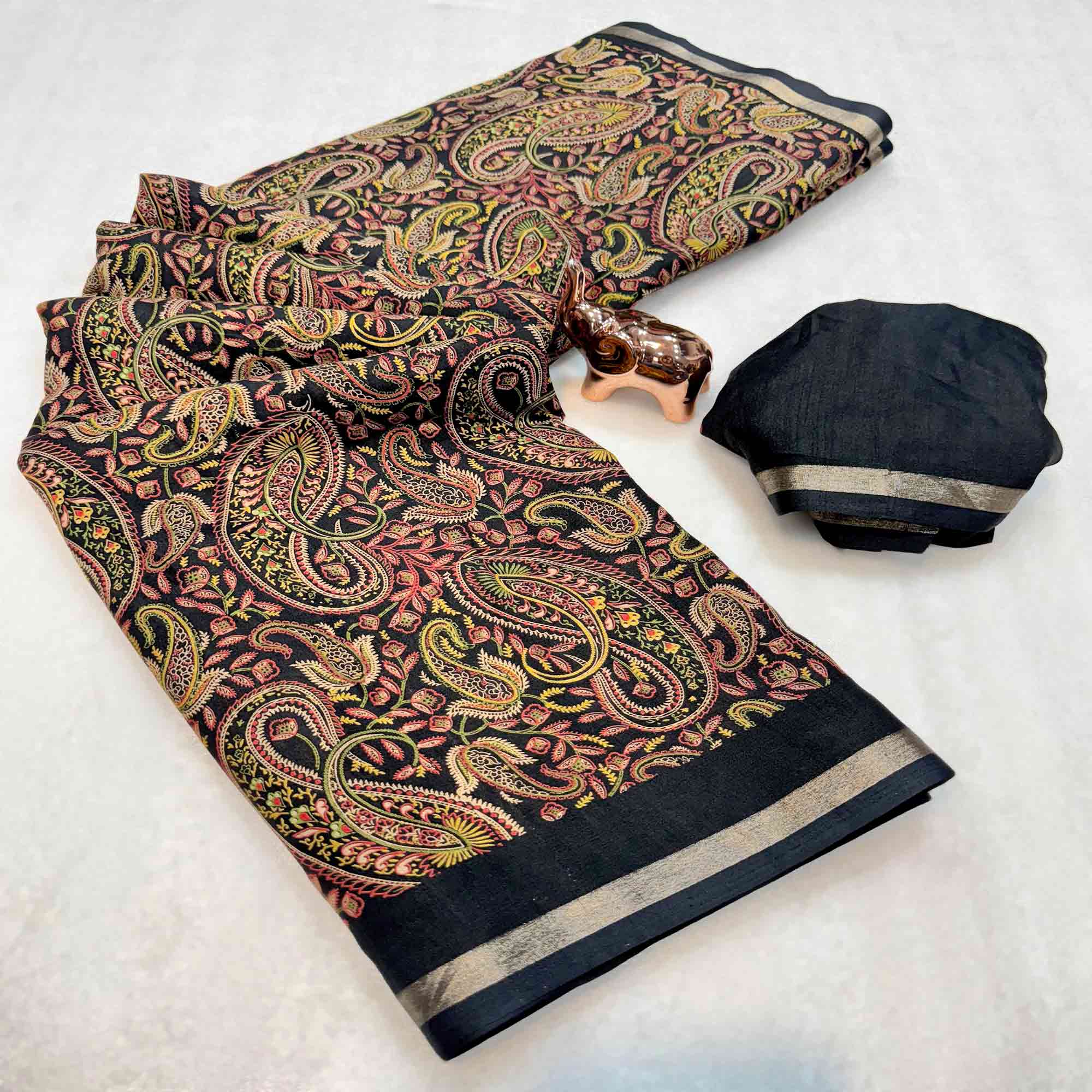 Classic Black Tussar Silk Blend Saree Adorned With Elegant Paisley & Floral Kashmiri Prints