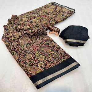Classic Black Tussar Silk Blend Saree Adorned With Elegant Paisley & Floral Kashmiri Prints