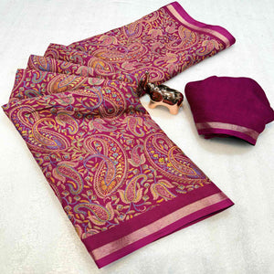 Classic Dark Magenta Tussar Silk Blend Saree Adorned With Elegant Paisley & Floral Kashmiri Prints