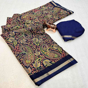 Classic Dark Navy Blue Tussar Silk Blend Saree Adorned With Elegant Paisley & Floral Kashmiri Print